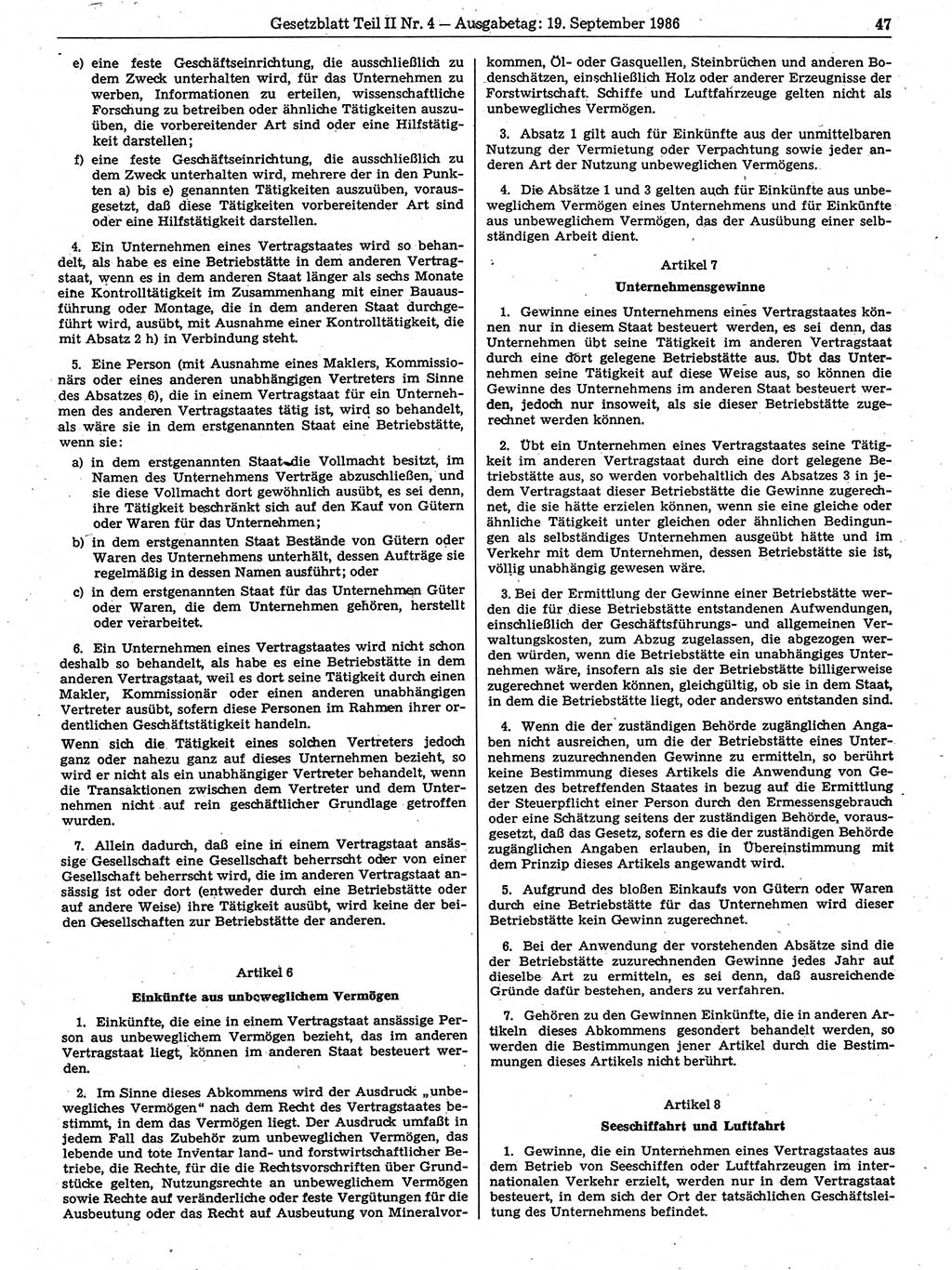 Gesetzblatt (GBl.) der Deutschen Demokratischen Republik (DDR) Teil ⅠⅠ 1986, Seite 47 (GBl. DDR ⅠⅠ 1986, S. 47)