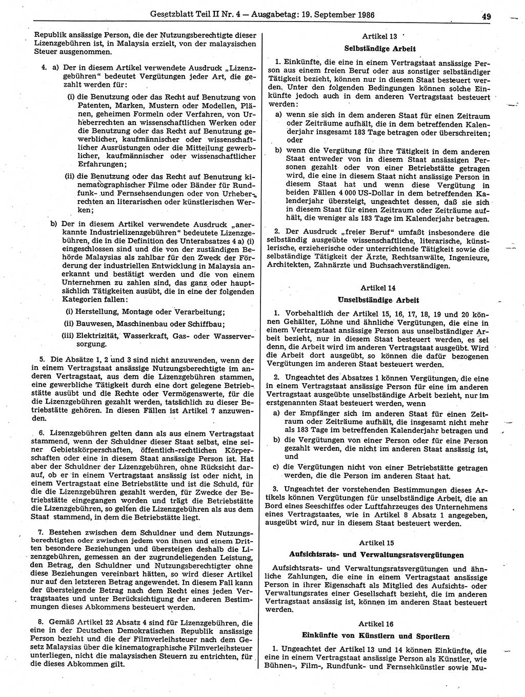 Gesetzblatt (GBl.) der Deutschen Demokratischen Republik (DDR) Teil ⅠⅠ 1986, Seite 49 (GBl. DDR ⅠⅠ 1986, S. 49)