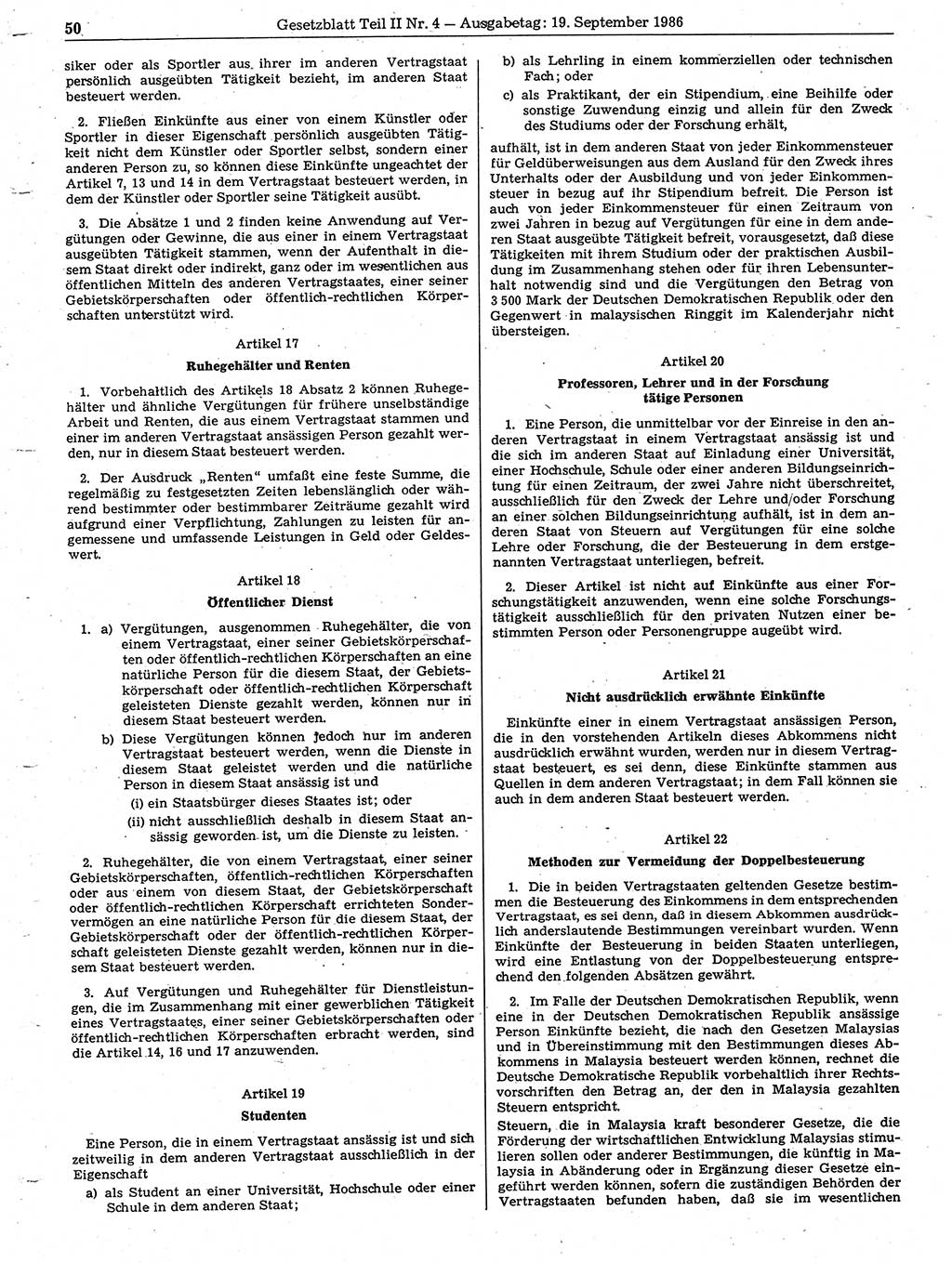 Gesetzblatt (GBl.) der Deutschen Demokratischen Republik (DDR) Teil ⅠⅠ 1986, Seite 50 (GBl. DDR ⅠⅠ 1986, S. 50)