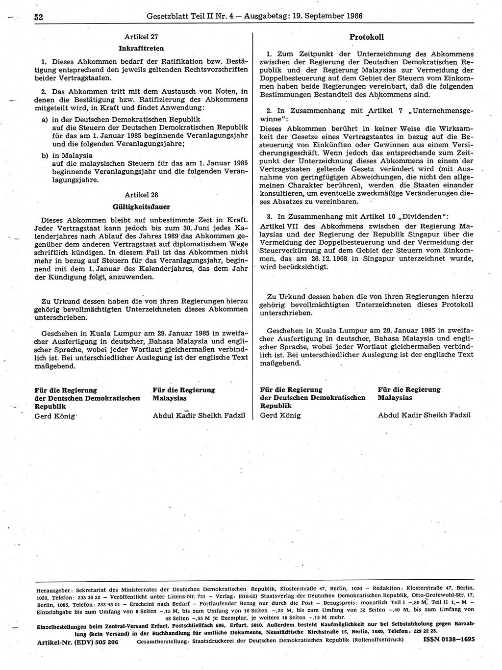 Gesetzblatt (GBl.) der Deutschen Demokratischen Republik (DDR) Teil ⅠⅠ 1986, Seite 52 (GBl. DDR ⅠⅠ 1986, S. 52)