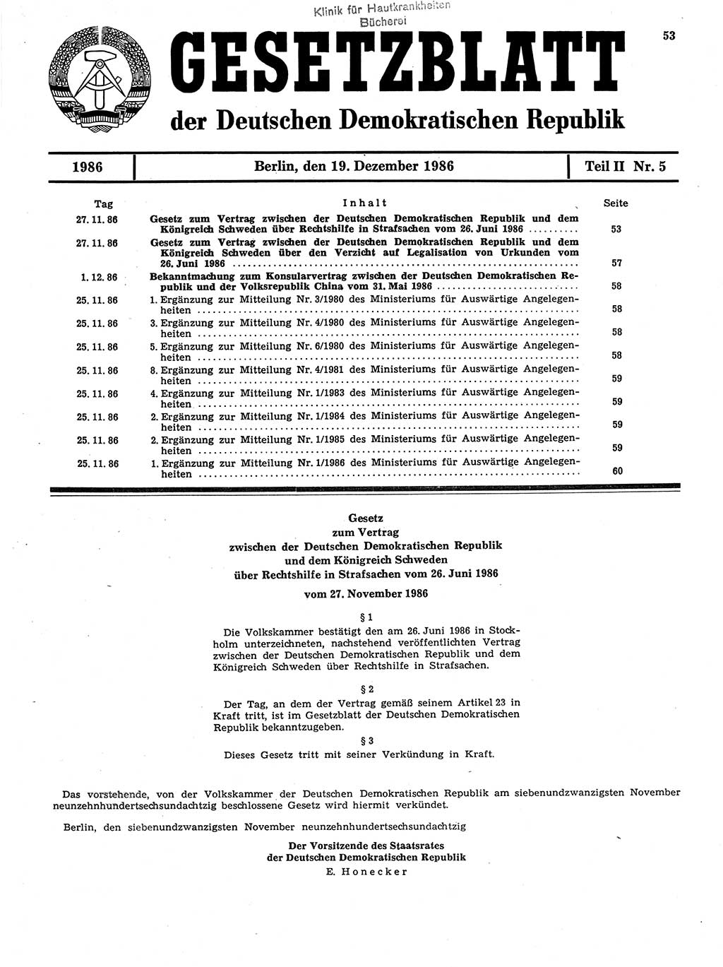Gesetzblatt (GBl.) der Deutschen Demokratischen Republik (DDR) Teil ⅠⅠ 1986, Seite 53 (GBl. DDR ⅠⅠ 1986, S. 53)
