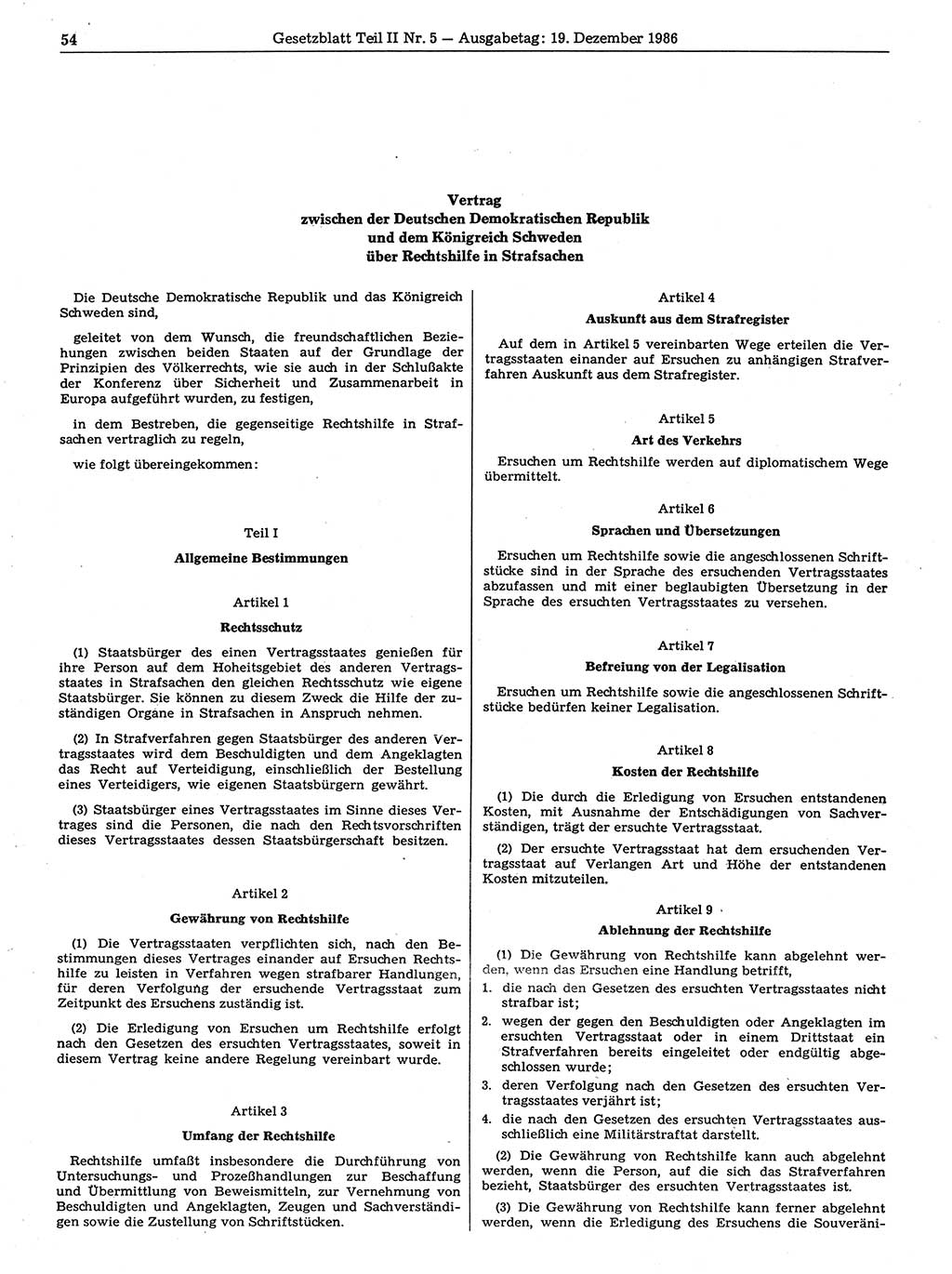 Gesetzblatt (GBl.) der Deutschen Demokratischen Republik (DDR) Teil ⅠⅠ 1986, Seite 54 (GBl. DDR ⅠⅠ 1986, S. 54)