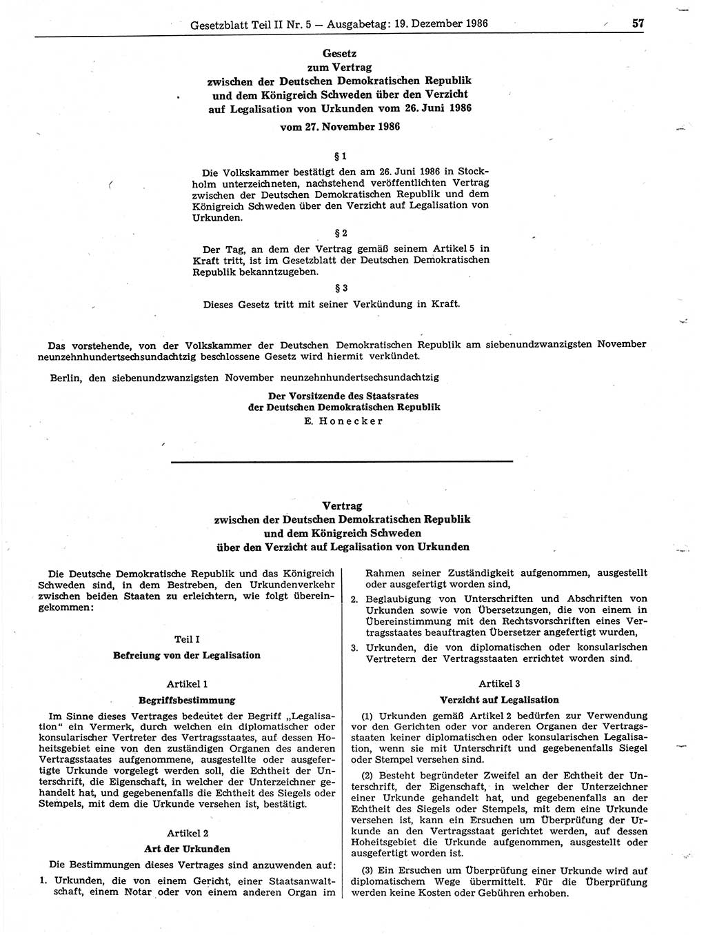 Gesetzblatt (GBl.) der Deutschen Demokratischen Republik (DDR) Teil ⅠⅠ 1986, Seite 57 (GBl. DDR ⅠⅠ 1986, S. 57)