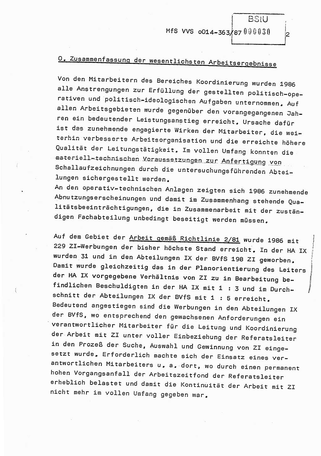 Ministerium für Staatssicherheit (MfS) [Deutsche Demokratische Republik (DDR)], Hauptabteilung (HA) Ⅸ/ Auswertungs- und Kontrollgruppe (AKG), Bereich Koordinierung, Jahresanalyse, Vertrauliche Verschlußsache (VVS) o014-363/87, Berlin 1987, Seite 2 (J.-Anal. MfS DDR HA Ⅸ/AKG VVS o014-363/87 1986, S. 2)