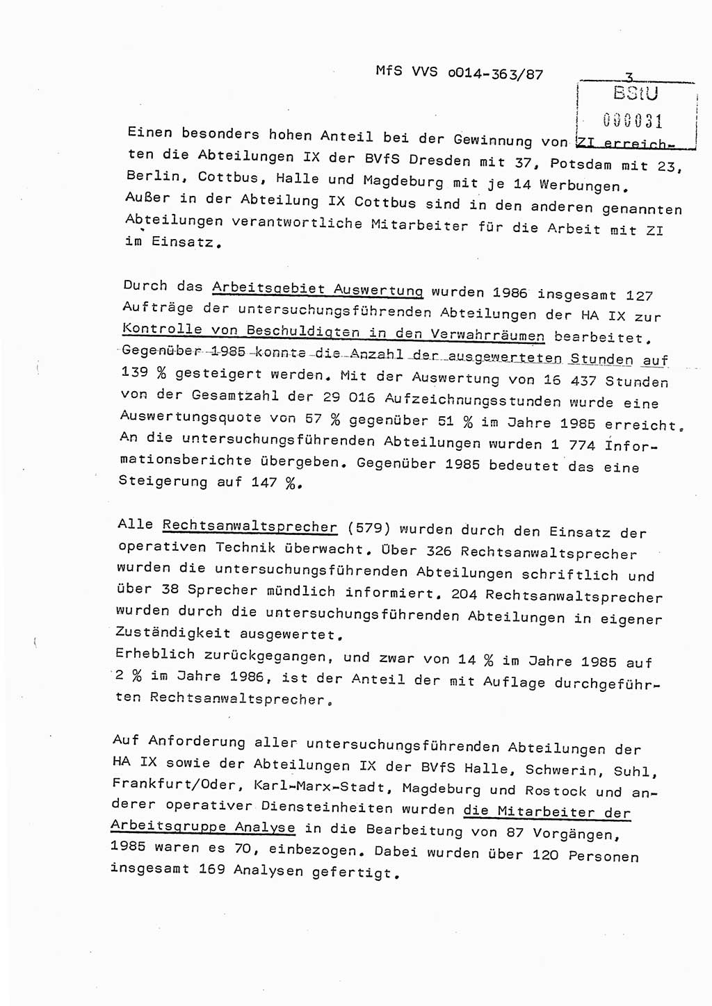 Ministerium für Staatssicherheit (MfS) [Deutsche Demokratische Republik (DDR)], Hauptabteilung (HA) Ⅸ/ Auswertungs- und Kontrollgruppe (AKG), Bereich Koordinierung, Jahresanalyse, Vertrauliche Verschlußsache (VVS) o014-363/87, Berlin 1987, Seite 3 (J.-Anal. MfS DDR HA Ⅸ/AKG VVS o014-363/87 1986, S. 3)