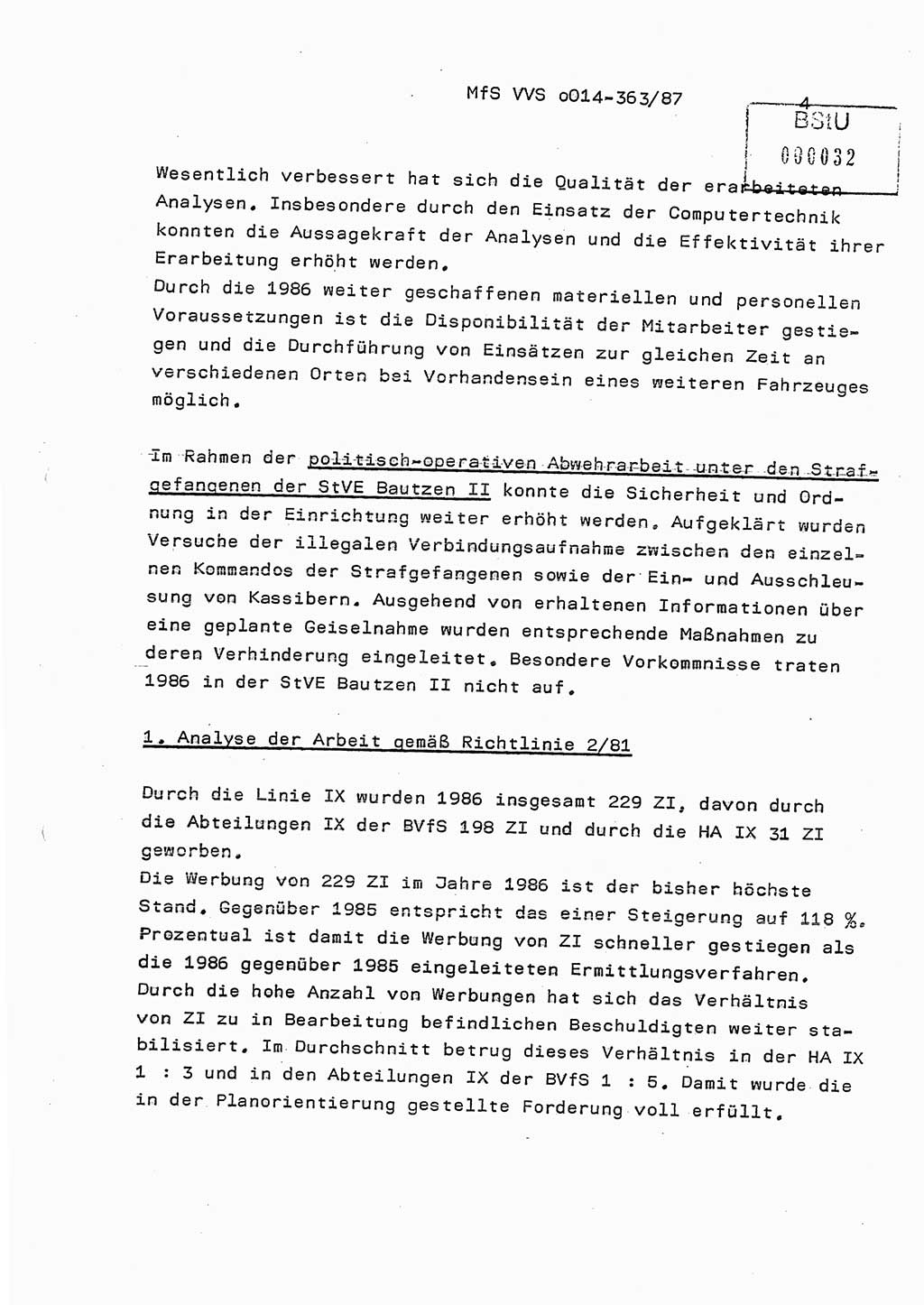 Ministerium für Staatssicherheit (MfS) [Deutsche Demokratische Republik (DDR)], Hauptabteilung (HA) Ⅸ/ Auswertungs- und Kontrollgruppe (AKG), Bereich Koordinierung, Jahresanalyse, Vertrauliche Verschlußsache (VVS) o014-363/87, Berlin 1987, Seite 4 (J.-Anal. MfS DDR HA Ⅸ/AKG VVS o014-363/87 1986, S. 4)