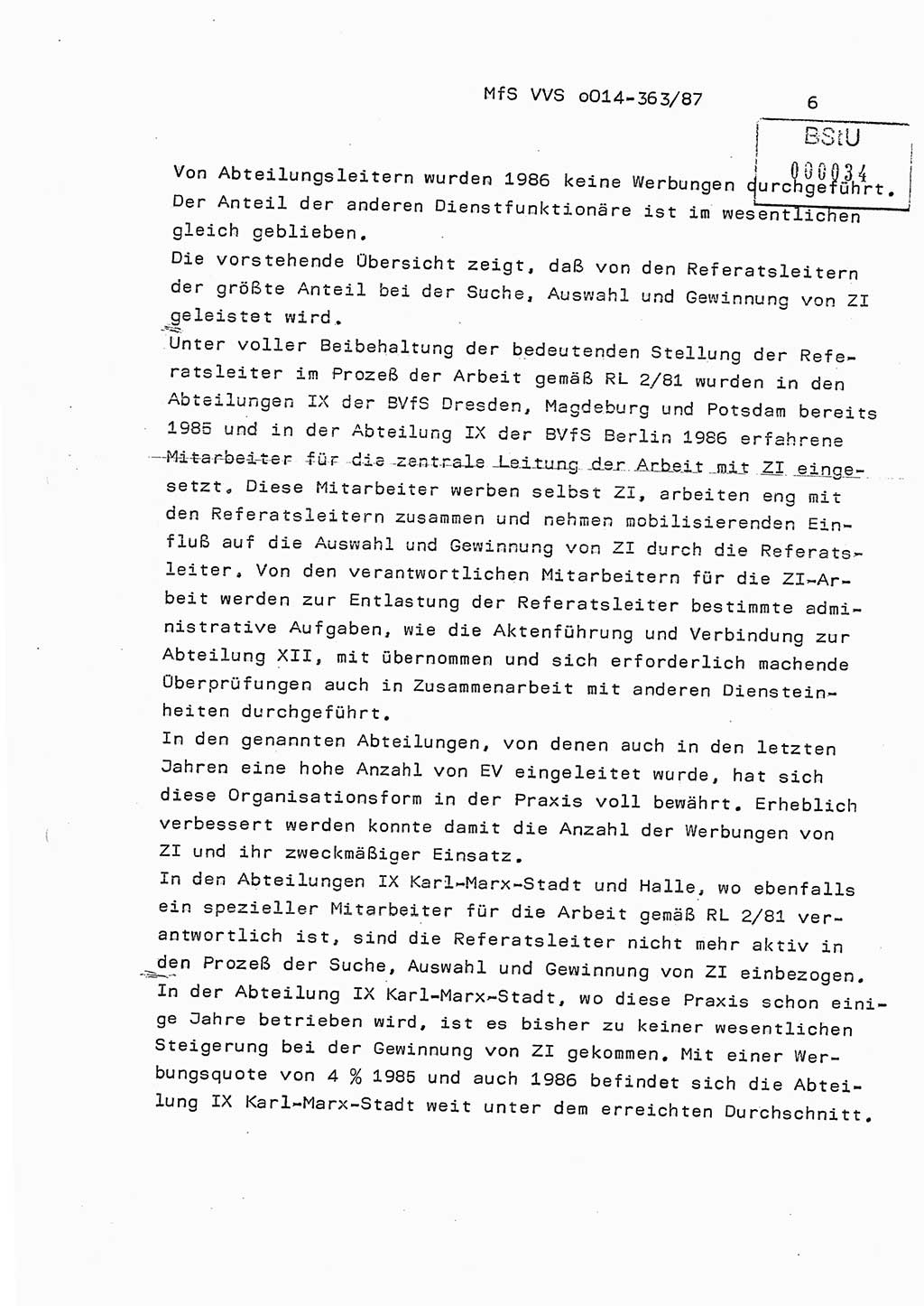 Ministerium für Staatssicherheit (MfS) [Deutsche Demokratische Republik (DDR)], Hauptabteilung (HA) Ⅸ/ Auswertungs- und Kontrollgruppe (AKG), Bereich Koordinierung, Jahresanalyse, Vertrauliche Verschlußsache (VVS) o014-363/87, Berlin 1987, Seite 6 (J.-Anal. MfS DDR HA Ⅸ/AKG VVS o014-363/87 1986, S. 6)