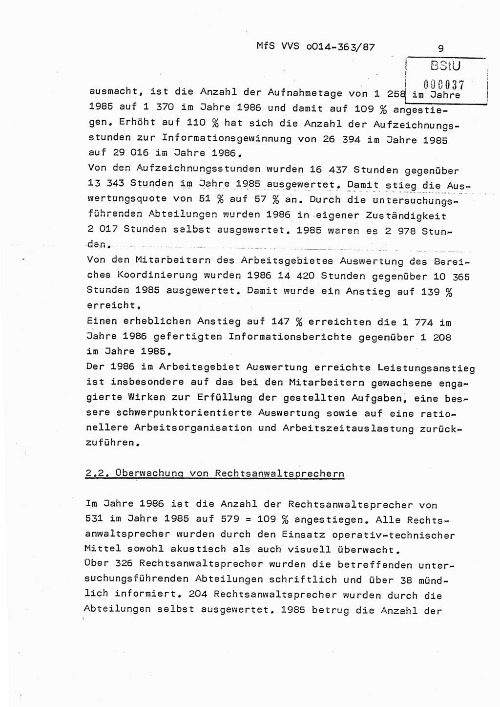 Ministerium für Staatssicherheit (MfS) [Deutsche Demokratische Republik (DDR)], Hauptabteilung (HA) Ⅸ/ Auswertungs- und Kontrollgruppe (AKG), Bereich Koordinierung, Jahresanalyse, Vertrauliche Verschlußsache (VVS) o014-363/87, Berlin 1987, Seite 9 (J.-Anal. MfS DDR HA Ⅸ/AKG VVS o014-363/87 1986, S. 9)