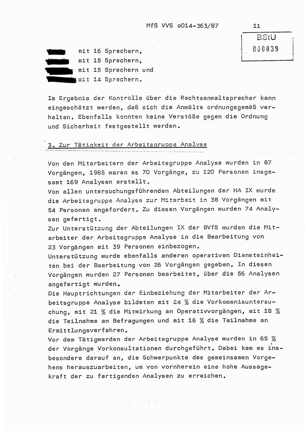 Ministerium für Staatssicherheit (MfS) [Deutsche Demokratische Republik (DDR)], Hauptabteilung (HA) Ⅸ/ Auswertungs- und Kontrollgruppe (AKG), Bereich Koordinierung, Jahresanalyse, Vertrauliche Verschlußsache (VVS) o014-363/87, Berlin 1987, Seite 11 (J.-Anal. MfS DDR HA Ⅸ/AKG VVS o014-363/87 1986, S. 11)