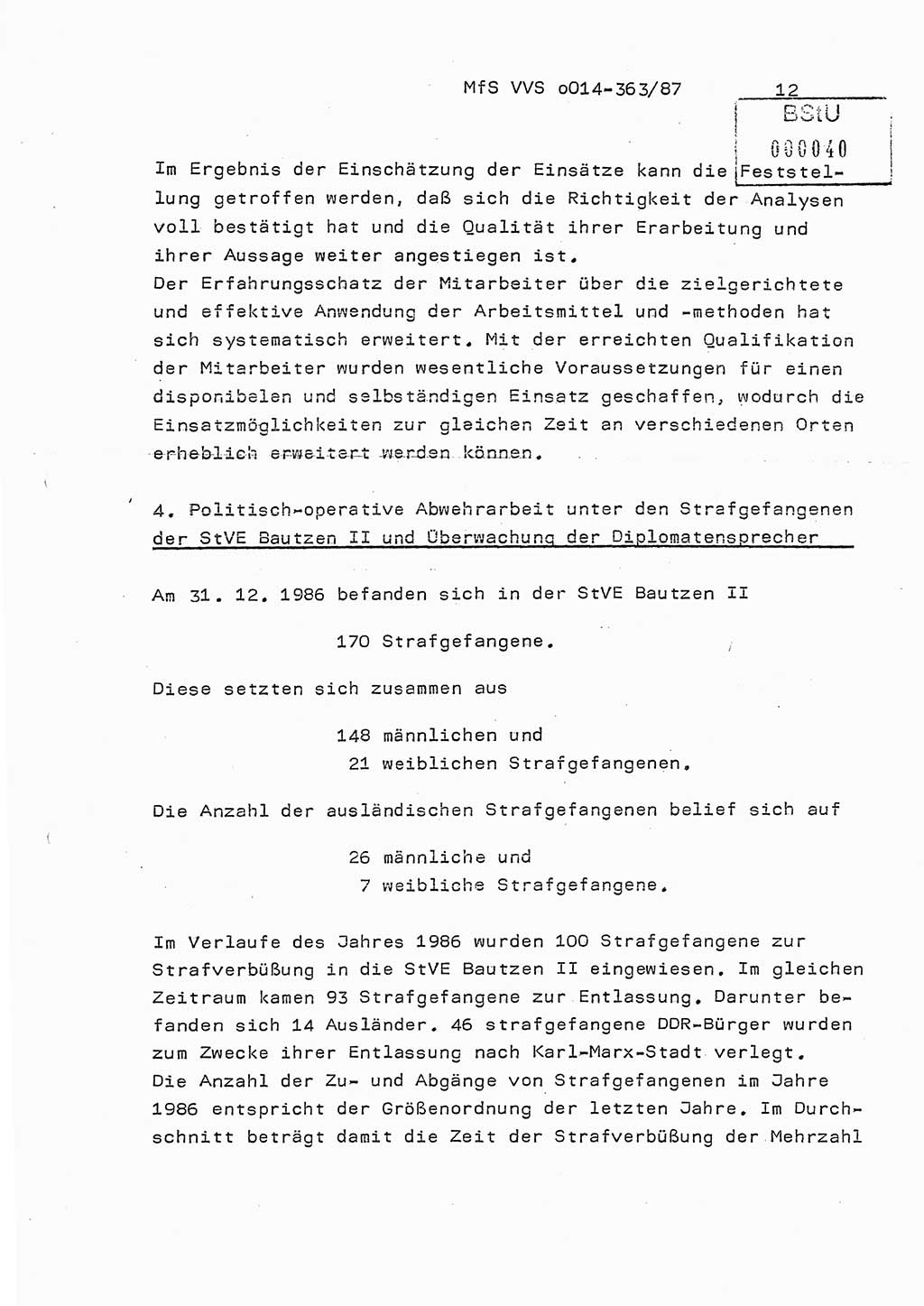 Ministerium für Staatssicherheit (MfS) [Deutsche Demokratische Republik (DDR)], Hauptabteilung (HA) Ⅸ/ Auswertungs- und Kontrollgruppe (AKG), Bereich Koordinierung, Jahresanalyse, Vertrauliche Verschlußsache (VVS) o014-363/87, Berlin 1987, Seite 12 (J.-Anal. MfS DDR HA Ⅸ/AKG VVS o014-363/87 1986, S. 12)