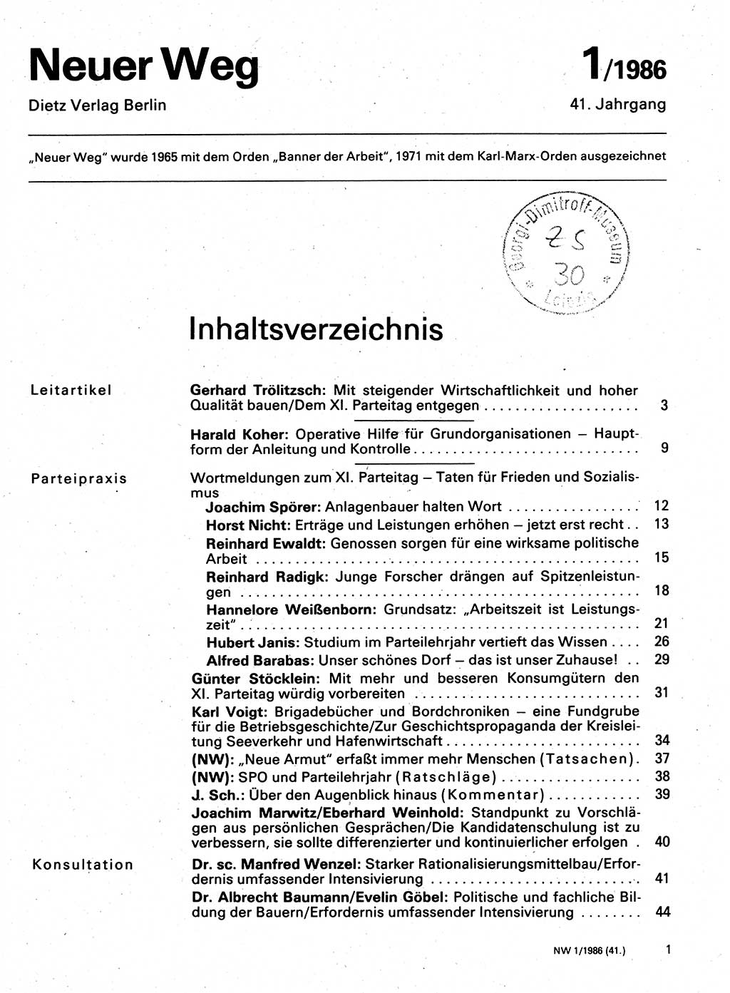 Neuer Weg (NW), Organ des Zentralkomitees (ZK) der SED (Sozialistische Einheitspartei Deutschlands) für Fragen des Parteilebens, 41. Jahrgang [Deutsche Demokratische Republik (DDR)] 1986, Seite 1 (NW ZK SED DDR 1986, S. 1)