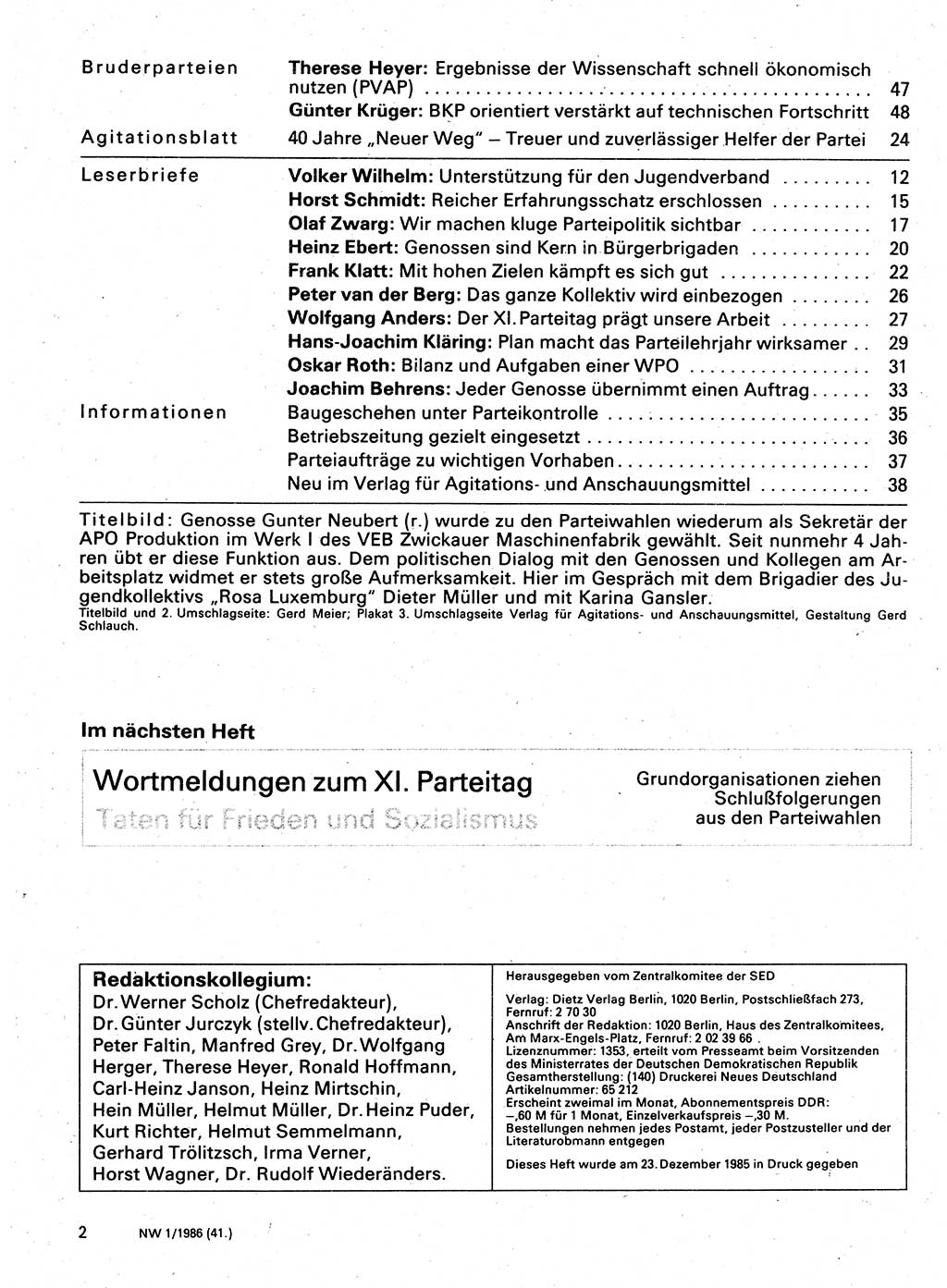 Neuer Weg (NW), Organ des Zentralkomitees (ZK) der SED (Sozialistische Einheitspartei Deutschlands) für Fragen des Parteilebens, 41. Jahrgang [Deutsche Demokratische Republik (DDR)] 1986, Seite 2 (NW ZK SED DDR 1986, S. 2)