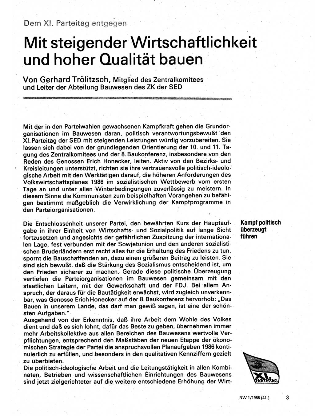 Neuer Weg (NW), Organ des Zentralkomitees (ZK) der SED (Sozialistische Einheitspartei Deutschlands) für Fragen des Parteilebens, 41. Jahrgang [Deutsche Demokratische Republik (DDR)] 1986, Seite 3 (NW ZK SED DDR 1986, S. 3)