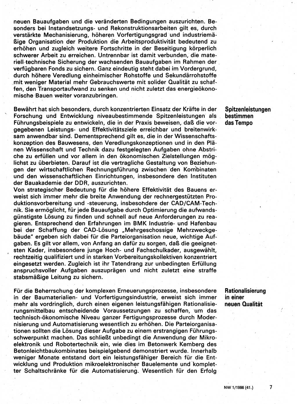 Neuer Weg (NW), Organ des Zentralkomitees (ZK) der SED (Sozialistische Einheitspartei Deutschlands) für Fragen des Parteilebens, 41. Jahrgang [Deutsche Demokratische Republik (DDR)] 1986, Seite 7 (NW ZK SED DDR 1986, S. 7)