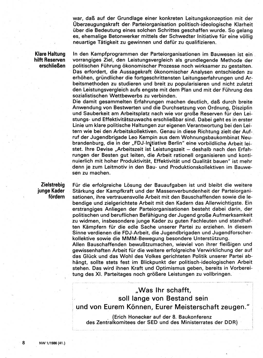 Neuer Weg (NW), Organ des Zentralkomitees (ZK) der SED (Sozialistische Einheitspartei Deutschlands) für Fragen des Parteilebens, 41. Jahrgang [Deutsche Demokratische Republik (DDR)] 1986, Seite 8 (NW ZK SED DDR 1986, S. 8)