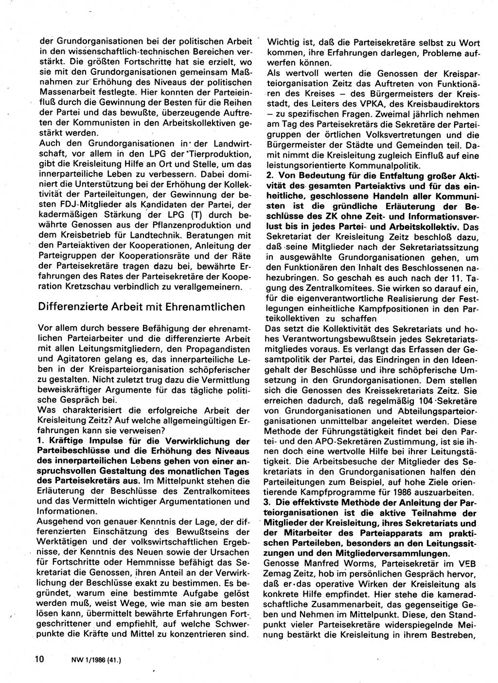 Neuer Weg (NW), Organ des Zentralkomitees (ZK) der SED (Sozialistische Einheitspartei Deutschlands) für Fragen des Parteilebens, 41. Jahrgang [Deutsche Demokratische Republik (DDR)] 1986, Seite 10 (NW ZK SED DDR 1986, S. 10)