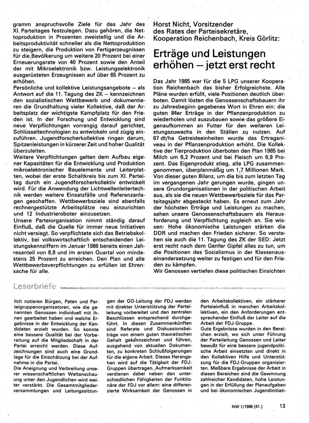 Neuer Weg (NW), Organ des Zentralkomitees (ZK) der SED (Sozialistische Einheitspartei Deutschlands) für Fragen des Parteilebens, 41. Jahrgang [Deutsche Demokratische Republik (DDR)] 1986, Seite 13 (NW ZK SED DDR 1986, S. 13)