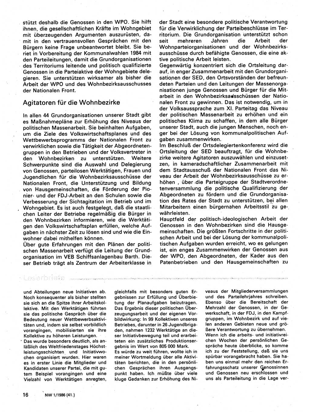 Neuer Weg (NW), Organ des Zentralkomitees (ZK) der SED (Sozialistische Einheitspartei Deutschlands) fÃ¼r Fragen des Parteilebens, 41. Jahrgang [Deutsche Demokratische Republik (DDR)] 1986, Seite 16 (NW ZK SED DDR 1986, S. 16)