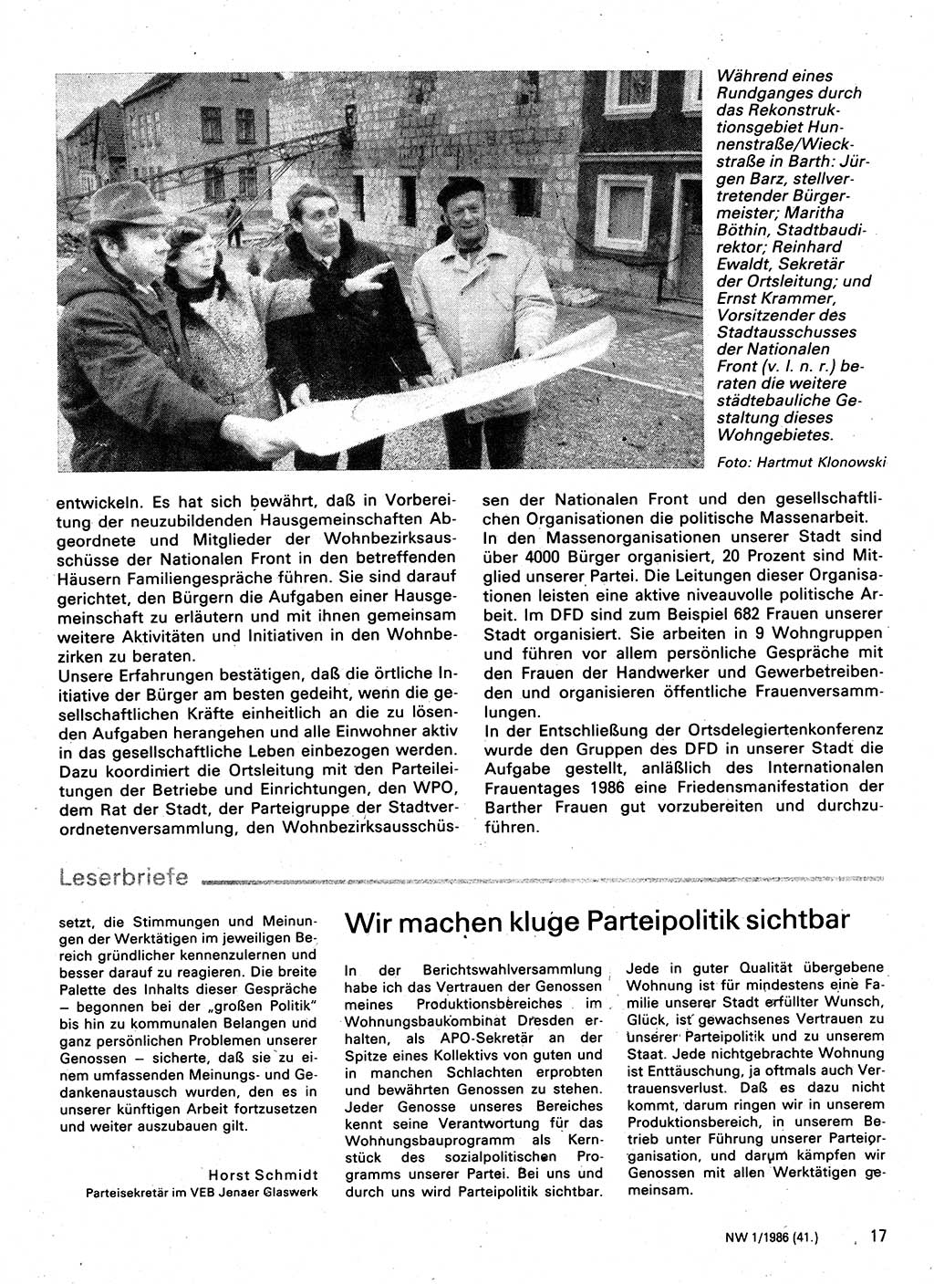 Neuer Weg (NW), Organ des Zentralkomitees (ZK) der SED (Sozialistische Einheitspartei Deutschlands) für Fragen des Parteilebens, 41. Jahrgang [Deutsche Demokratische Republik (DDR)] 1986, Seite 17 (NW ZK SED DDR 1986, S. 17)