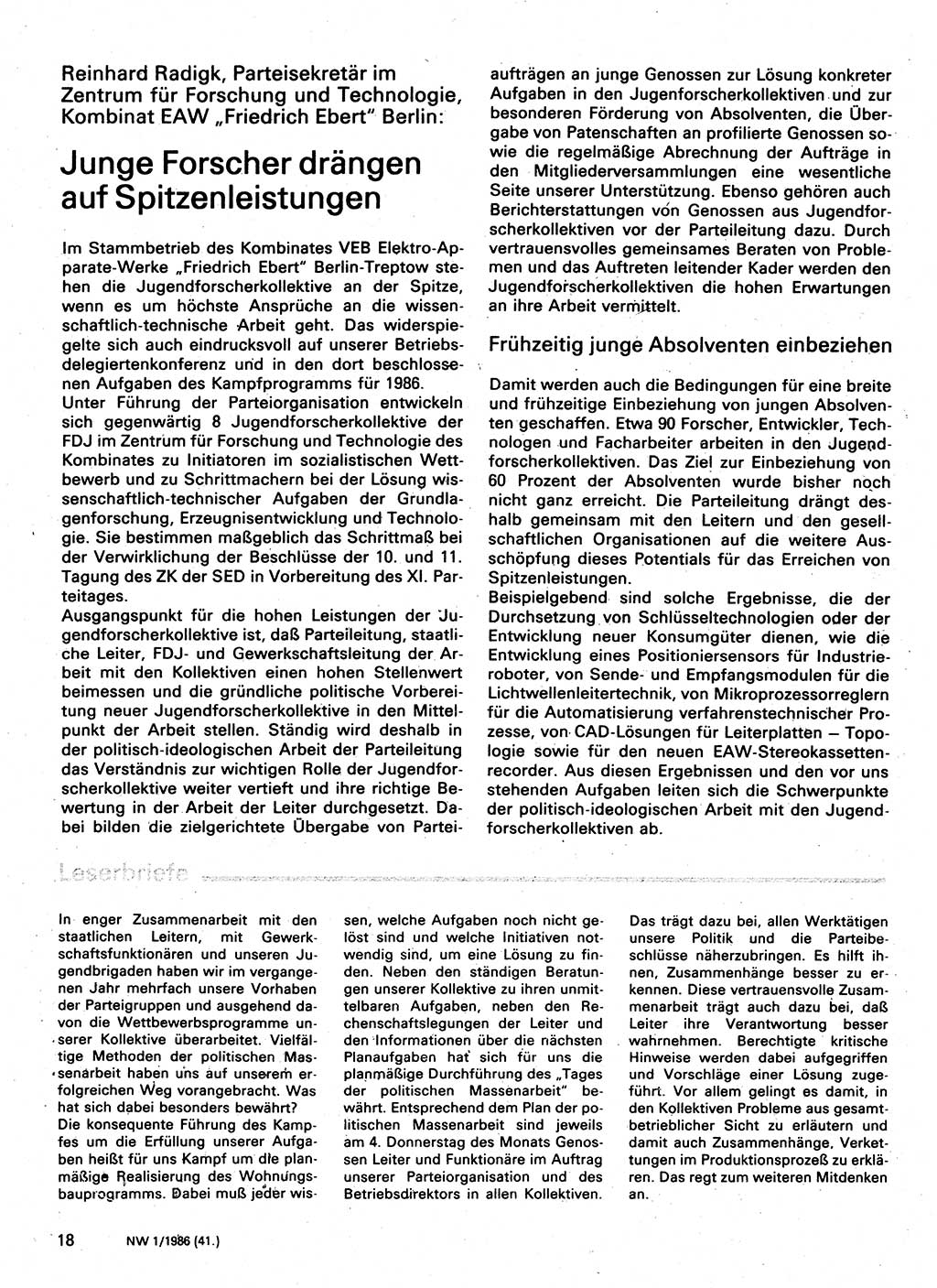 Neuer Weg (NW), Organ des Zentralkomitees (ZK) der SED (Sozialistische Einheitspartei Deutschlands) für Fragen des Parteilebens, 41. Jahrgang [Deutsche Demokratische Republik (DDR)] 1986, Seite 18 (NW ZK SED DDR 1986, S. 18)