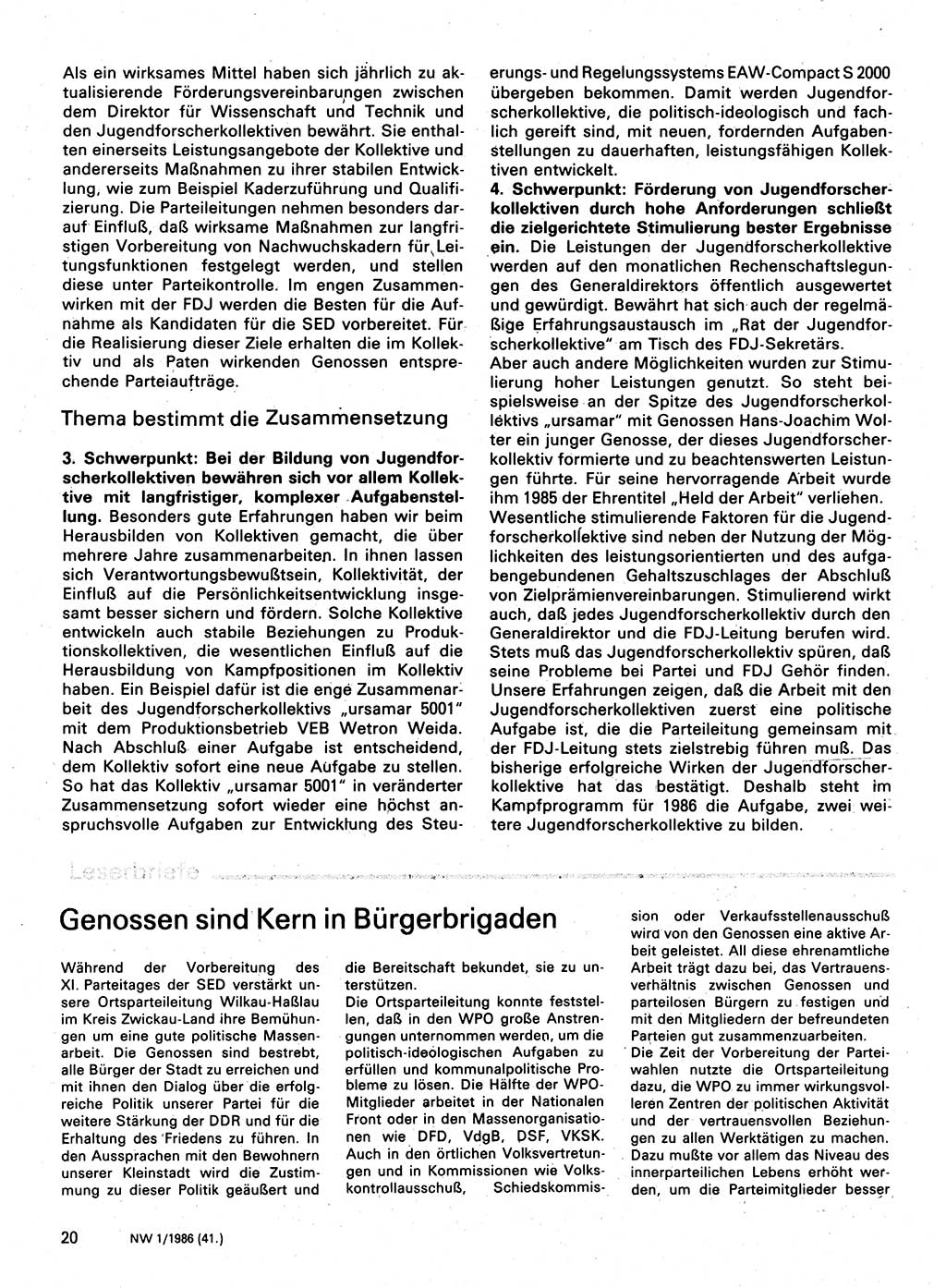 Neuer Weg (NW), Organ des Zentralkomitees (ZK) der SED (Sozialistische Einheitspartei Deutschlands) für Fragen des Parteilebens, 41. Jahrgang [Deutsche Demokratische Republik (DDR)] 1986, Seite 20 (NW ZK SED DDR 1986, S. 20)