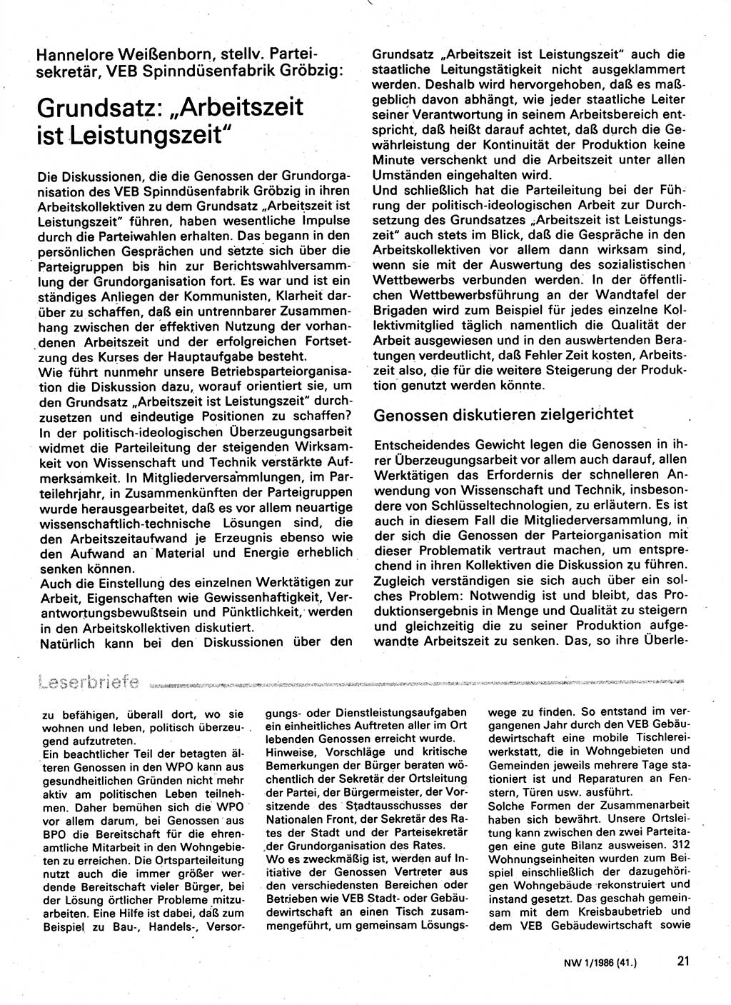 Neuer Weg (NW), Organ des Zentralkomitees (ZK) der SED (Sozialistische Einheitspartei Deutschlands) für Fragen des Parteilebens, 41. Jahrgang [Deutsche Demokratische Republik (DDR)] 1986, Seite 21 (NW ZK SED DDR 1986, S. 21)