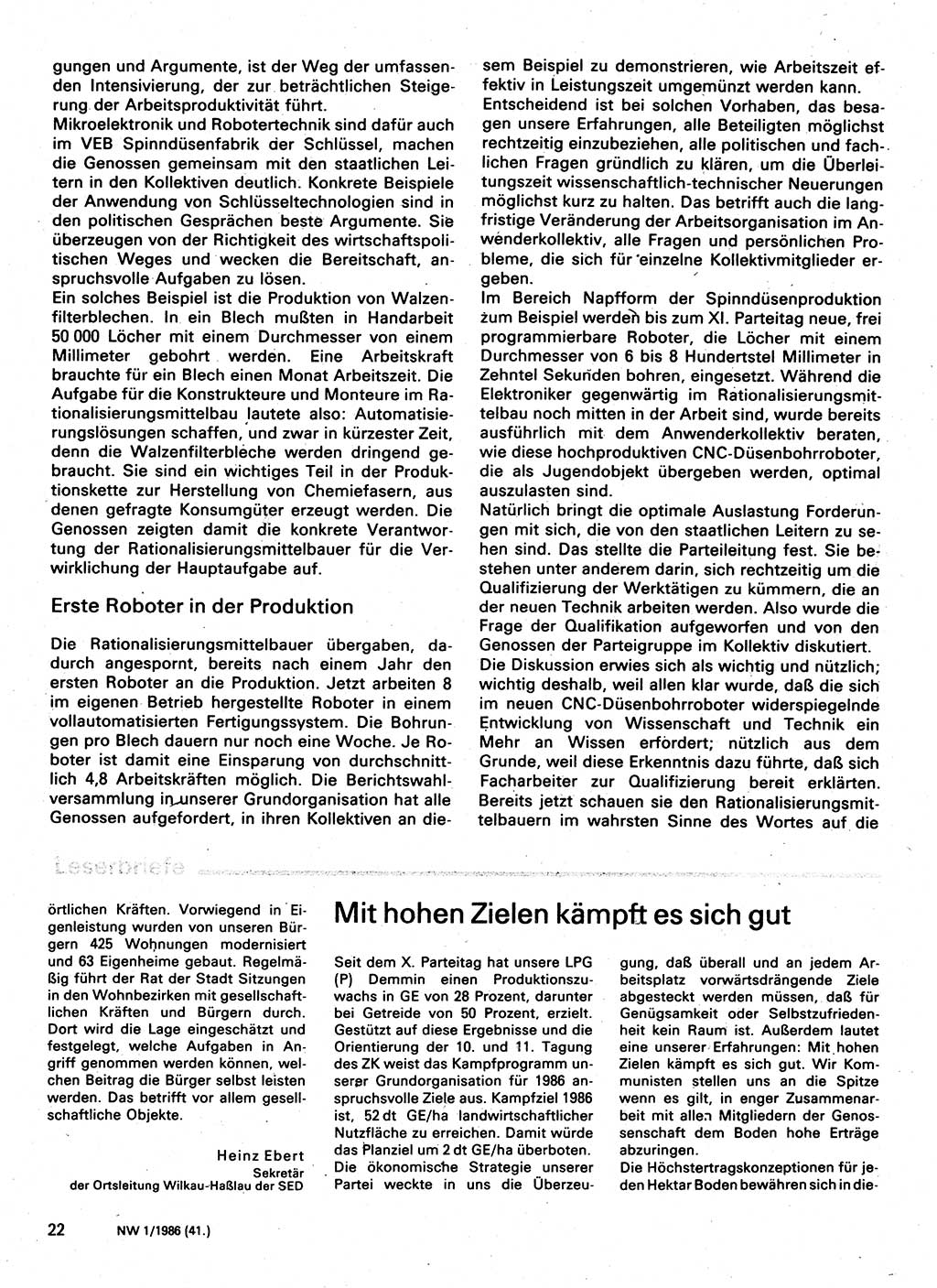 Neuer Weg (NW), Organ des Zentralkomitees (ZK) der SED (Sozialistische Einheitspartei Deutschlands) für Fragen des Parteilebens, 41. Jahrgang [Deutsche Demokratische Republik (DDR)] 1986, Seite 22 (NW ZK SED DDR 1986, S. 22)