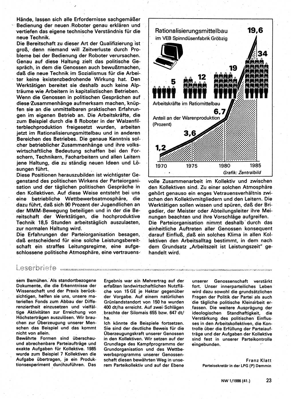 Neuer Weg (NW), Organ des Zentralkomitees (ZK) der SED (Sozialistische Einheitspartei Deutschlands) für Fragen des Parteilebens, 41. Jahrgang [Deutsche Demokratische Republik (DDR)] 1986, Seite 23 (NW ZK SED DDR 1986, S. 23)