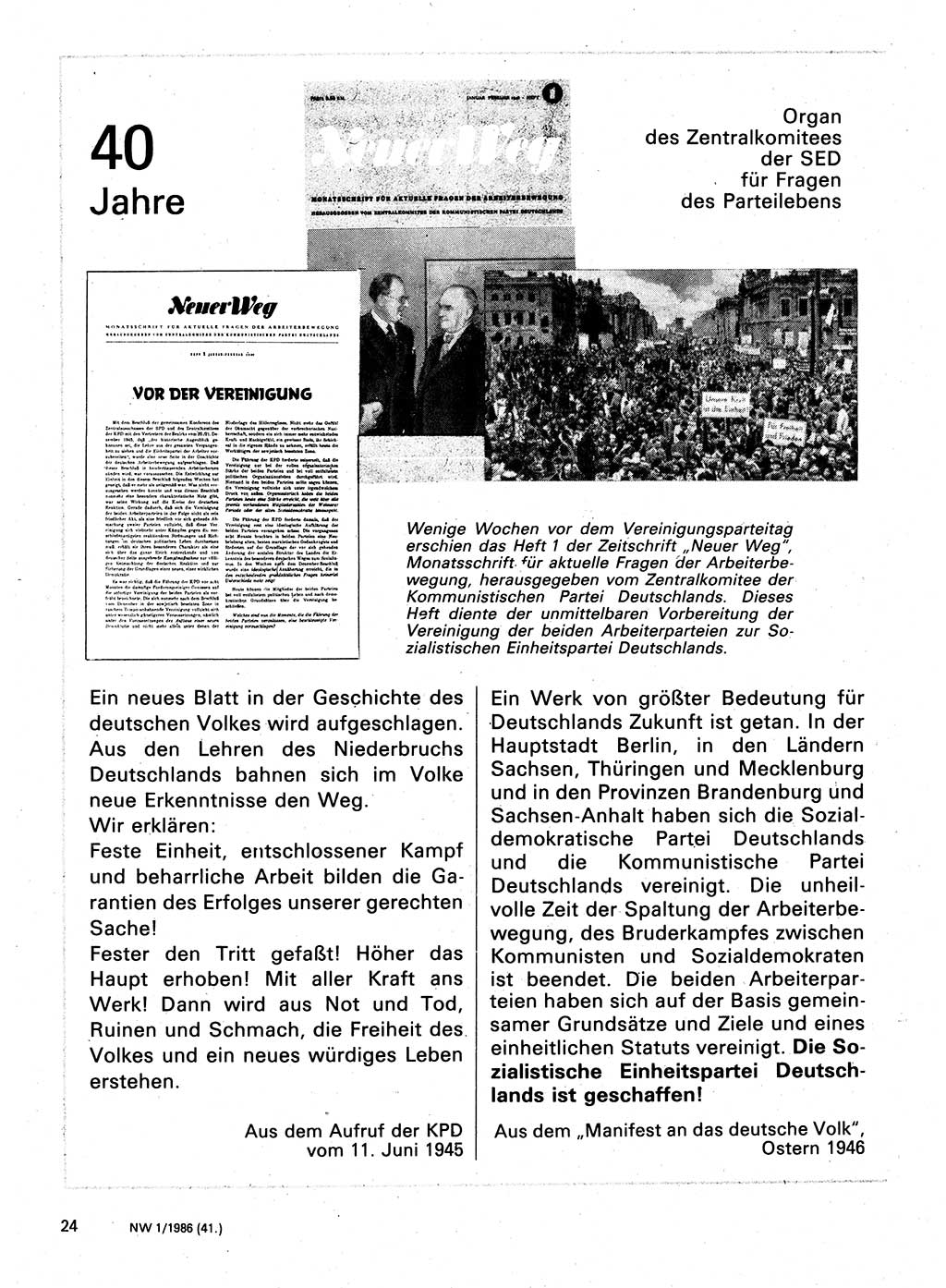 Neuer Weg (NW), Organ des Zentralkomitees (ZK) der SED (Sozialistische Einheitspartei Deutschlands) für Fragen des Parteilebens, 41. Jahrgang [Deutsche Demokratische Republik (DDR)] 1986, Seite 24 (NW ZK SED DDR 1986, S. 24)
