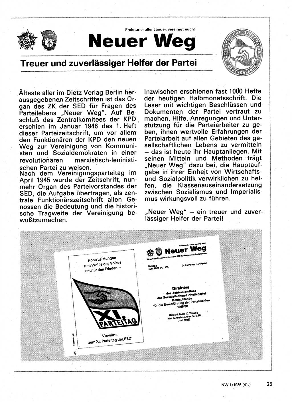 Neuer Weg (NW), Organ des Zentralkomitees (ZK) der SED (Sozialistische Einheitspartei Deutschlands) für Fragen des Parteilebens, 41. Jahrgang [Deutsche Demokratische Republik (DDR)] 1986, Seite 25 (NW ZK SED DDR 1986, S. 25)