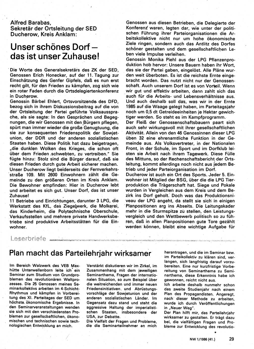 Neuer Weg (NW), Organ des Zentralkomitees (ZK) der SED (Sozialistische Einheitspartei Deutschlands) für Fragen des Parteilebens, 41. Jahrgang [Deutsche Demokratische Republik (DDR)] 1986, Seite 29 (NW ZK SED DDR 1986, S. 29)