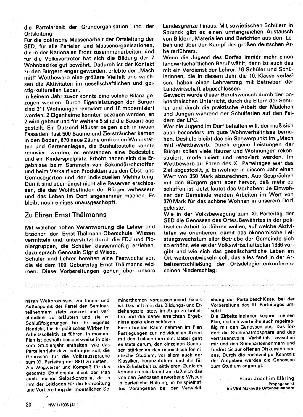 Neuer Weg (NW), Organ des Zentralkomitees (ZK) der SED (Sozialistische Einheitspartei Deutschlands) für Fragen des Parteilebens, 41. Jahrgang [Deutsche Demokratische Republik (DDR)] 1986, Seite 30 (NW ZK SED DDR 1986, S. 30)