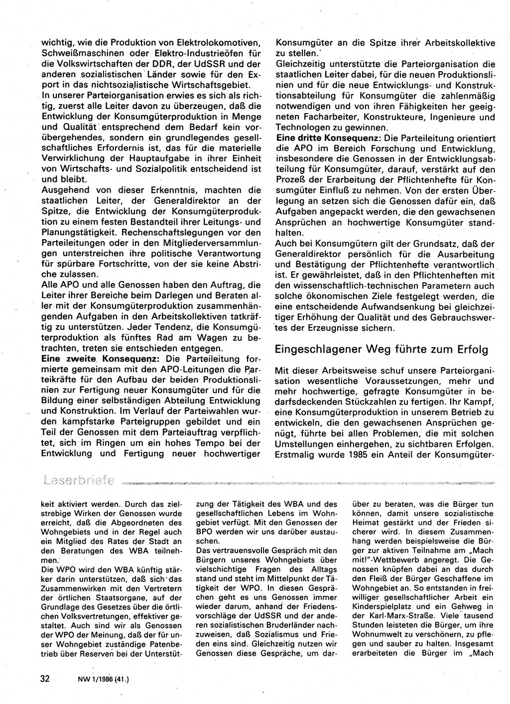 Neuer Weg (NW), Organ des Zentralkomitees (ZK) der SED (Sozialistische Einheitspartei Deutschlands) für Fragen des Parteilebens, 41. Jahrgang [Deutsche Demokratische Republik (DDR)] 1986, Seite 32 (NW ZK SED DDR 1986, S. 32)