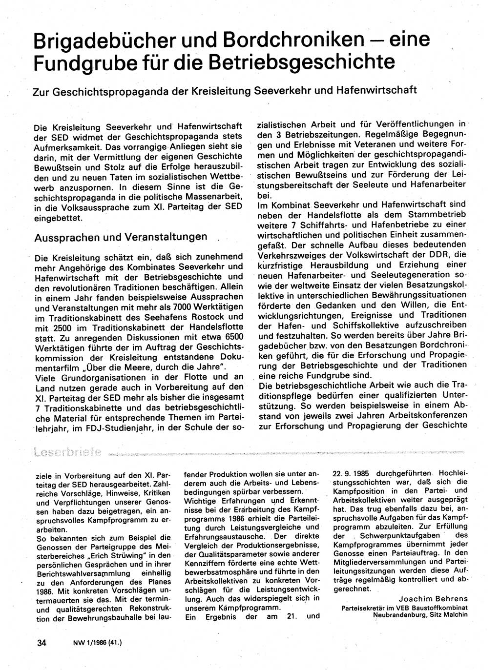 Neuer Weg (NW), Organ des Zentralkomitees (ZK) der SED (Sozialistische Einheitspartei Deutschlands) für Fragen des Parteilebens, 41. Jahrgang [Deutsche Demokratische Republik (DDR)] 1986, Seite 34 (NW ZK SED DDR 1986, S. 34)