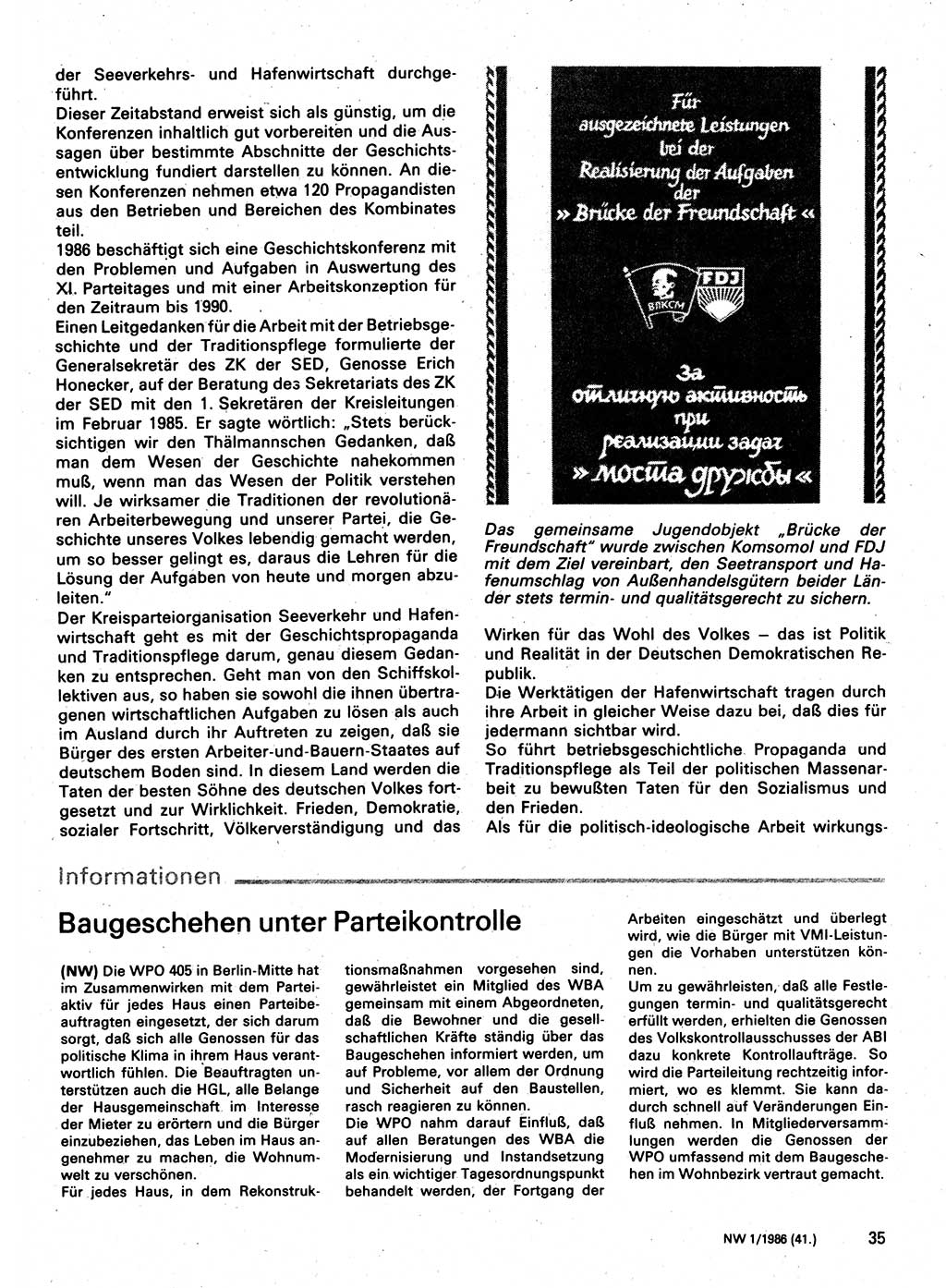 Neuer Weg (NW), Organ des Zentralkomitees (ZK) der SED (Sozialistische Einheitspartei Deutschlands) für Fragen des Parteilebens, 41. Jahrgang [Deutsche Demokratische Republik (DDR)] 1986, Seite 35 (NW ZK SED DDR 1986, S. 35)