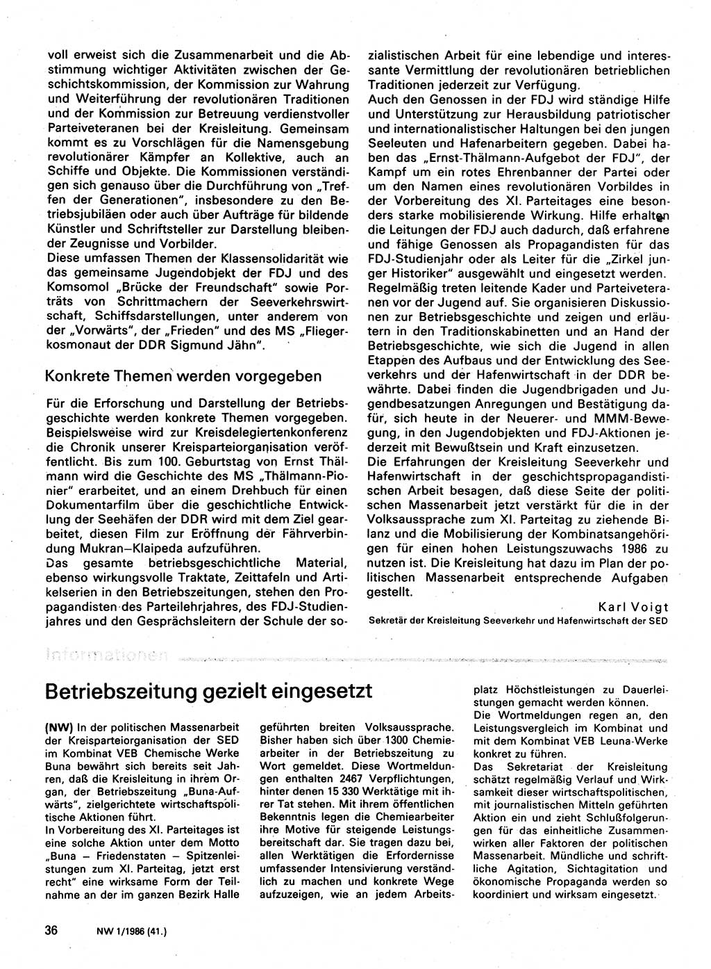 Neuer Weg (NW), Organ des Zentralkomitees (ZK) der SED (Sozialistische Einheitspartei Deutschlands) für Fragen des Parteilebens, 41. Jahrgang [Deutsche Demokratische Republik (DDR)] 1986, Seite 36 (NW ZK SED DDR 1986, S. 36)