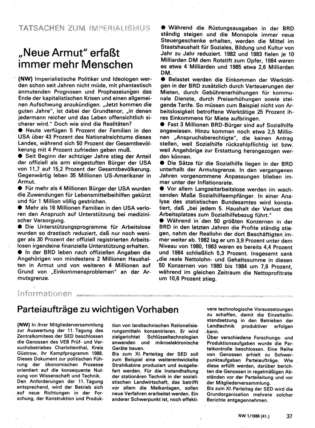 Neuer Weg (NW), Organ des Zentralkomitees (ZK) der SED (Sozialistische Einheitspartei Deutschlands) für Fragen des Parteilebens, 41. Jahrgang [Deutsche Demokratische Republik (DDR)] 1986, Seite 37 (NW ZK SED DDR 1986, S. 37)