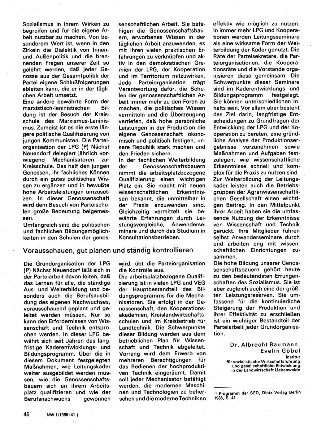 Neuer Weg (NW), Organ des Zentralkomitees (ZK) der SED (Sozialistische Einheitspartei Deutschlands) für Fragen des Parteilebens, 41. Jahrgang [Deutsche Demokratische Republik (DDR)] 1986, Seite 46 (NW ZK SED DDR 1986, S. 46)