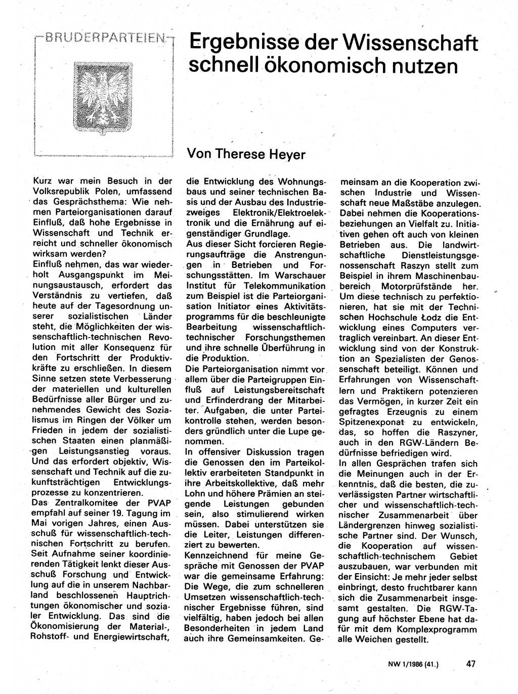 Neuer Weg (NW), Organ des Zentralkomitees (ZK) der SED (Sozialistische Einheitspartei Deutschlands) für Fragen des Parteilebens, 41. Jahrgang [Deutsche Demokratische Republik (DDR)] 1986, Seite 47 (NW ZK SED DDR 1986, S. 47)