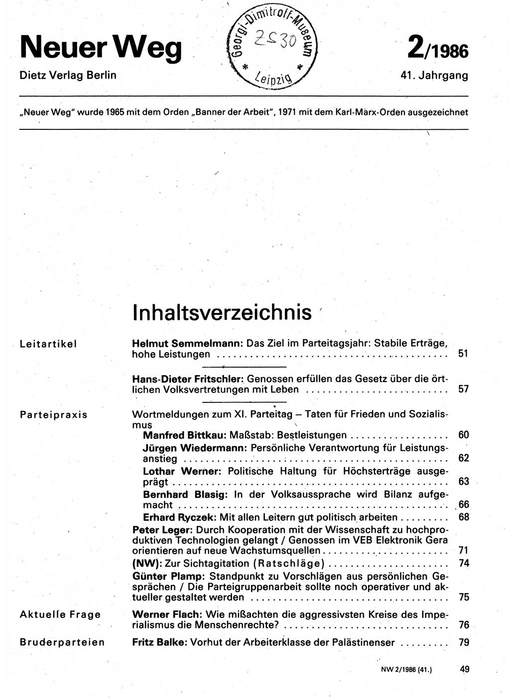 Neuer Weg (NW), Organ des Zentralkomitees (ZK) der SED (Sozialistische Einheitspartei Deutschlands) für Fragen des Parteilebens, 41. Jahrgang [Deutsche Demokratische Republik (DDR)] 1986, Seite 49 (NW ZK SED DDR 1986, S. 49)