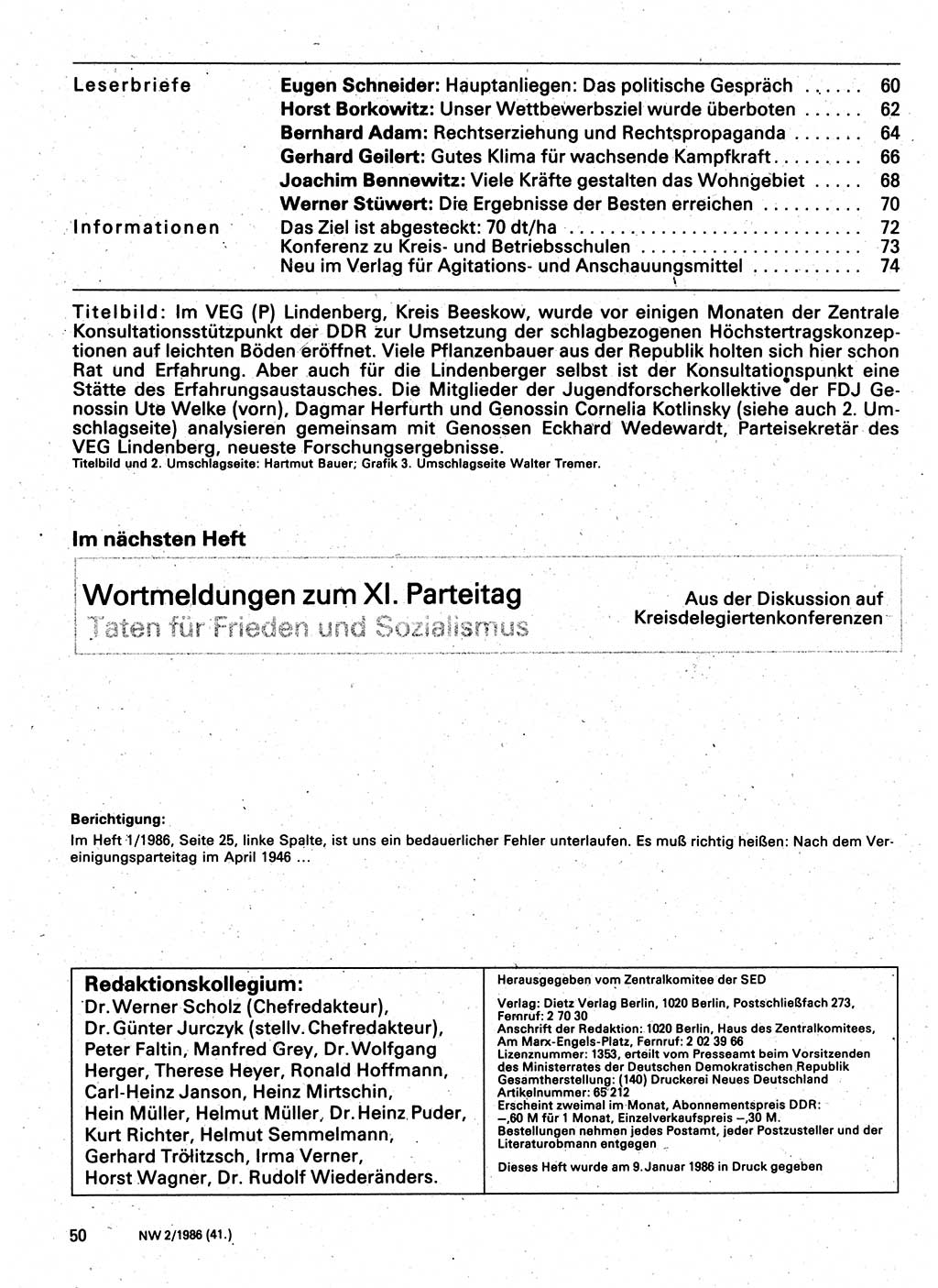 Neuer Weg (NW), Organ des Zentralkomitees (ZK) der SED (Sozialistische Einheitspartei Deutschlands) für Fragen des Parteilebens, 41. Jahrgang [Deutsche Demokratische Republik (DDR)] 1986, Seite 50 (NW ZK SED DDR 1986, S. 50)
