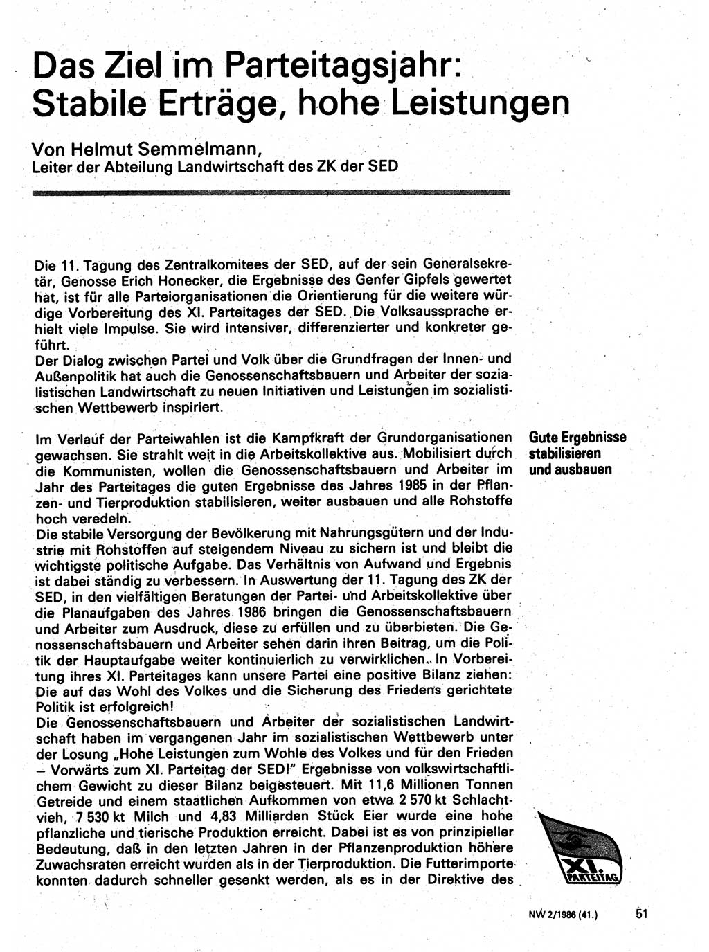 Neuer Weg (NW), Organ des Zentralkomitees (ZK) der SED (Sozialistische Einheitspartei Deutschlands) für Fragen des Parteilebens, 41. Jahrgang [Deutsche Demokratische Republik (DDR)] 1986, Seite 51 (NW ZK SED DDR 1986, S. 51)