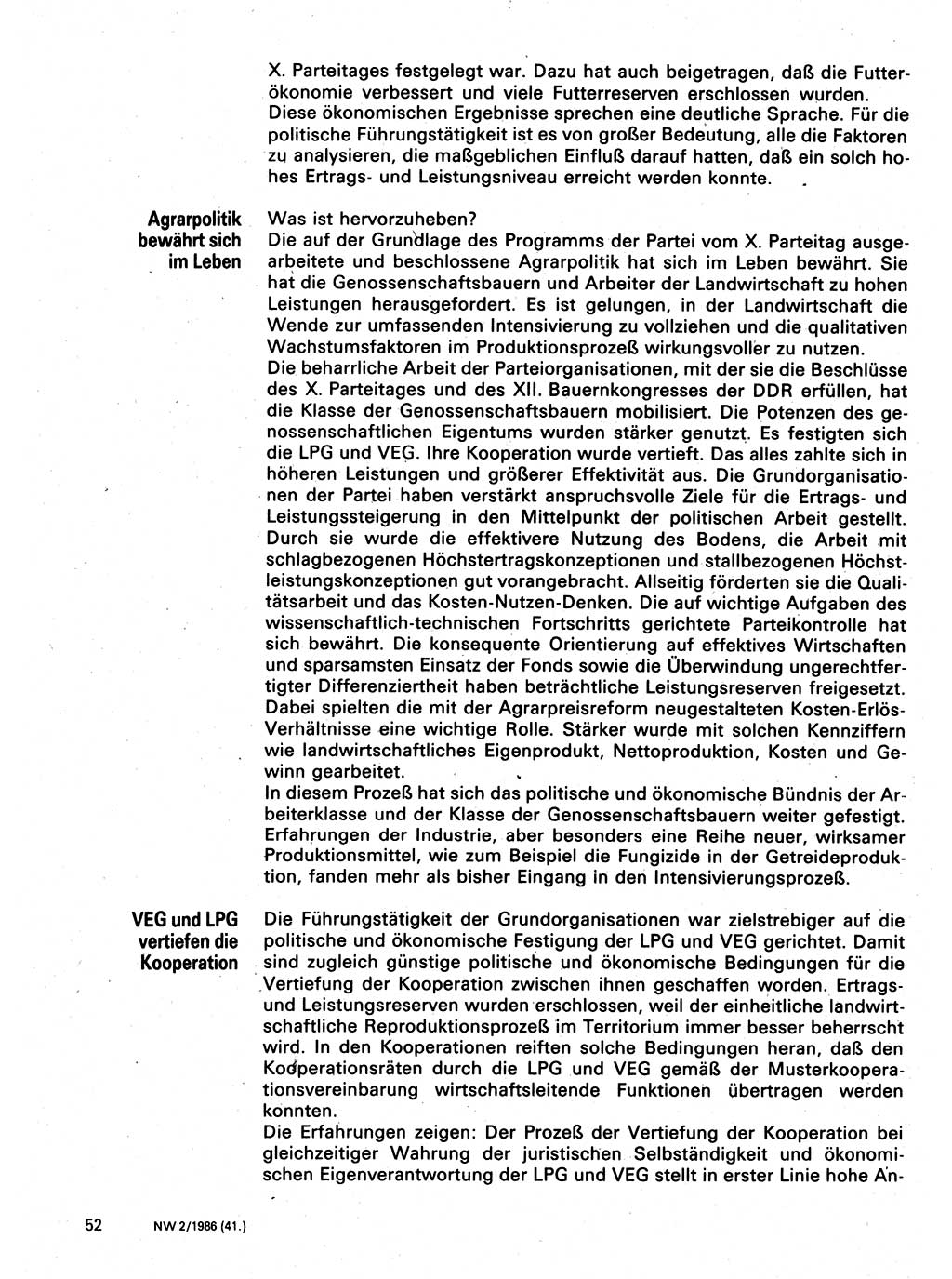 Neuer Weg (NW), Organ des Zentralkomitees (ZK) der SED (Sozialistische Einheitspartei Deutschlands) für Fragen des Parteilebens, 41. Jahrgang [Deutsche Demokratische Republik (DDR)] 1986, Seite 52 (NW ZK SED DDR 1986, S. 52)