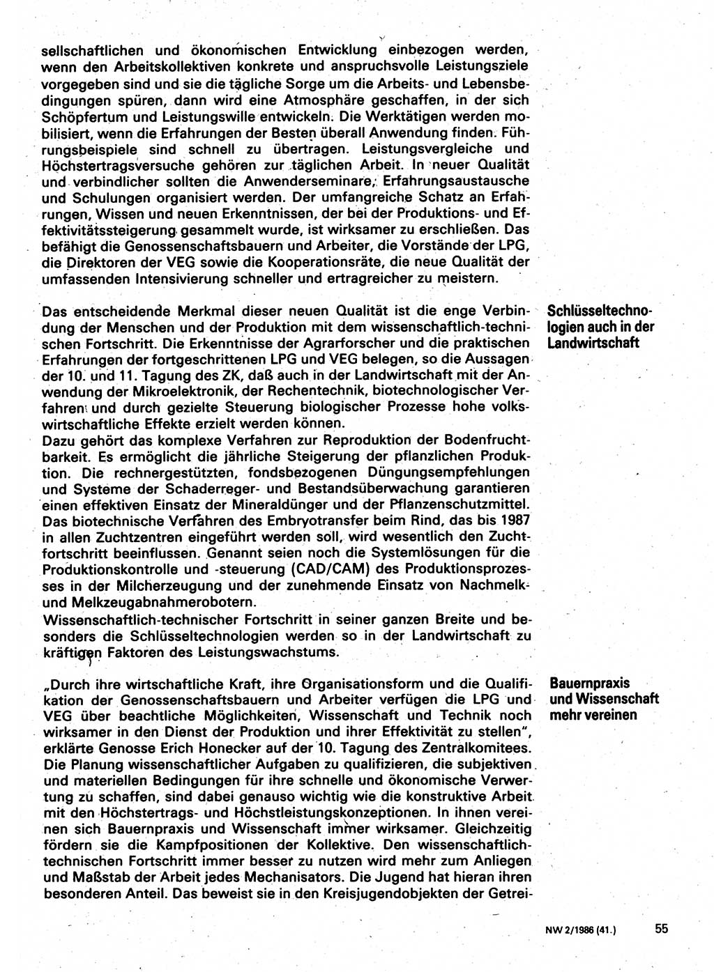 Neuer Weg (NW), Organ des Zentralkomitees (ZK) der SED (Sozialistische Einheitspartei Deutschlands) für Fragen des Parteilebens, 41. Jahrgang [Deutsche Demokratische Republik (DDR)] 1986, Seite 55 (NW ZK SED DDR 1986, S. 55)