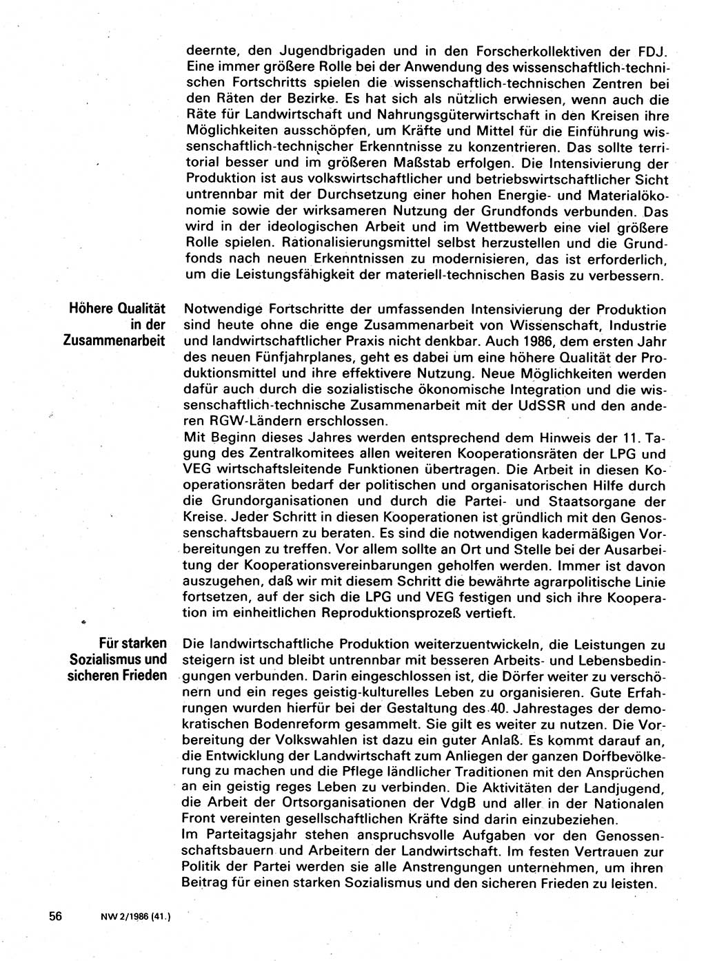 Neuer Weg (NW), Organ des Zentralkomitees (ZK) der SED (Sozialistische Einheitspartei Deutschlands) für Fragen des Parteilebens, 41. Jahrgang [Deutsche Demokratische Republik (DDR)] 1986, Seite 56 (NW ZK SED DDR 1986, S. 56)