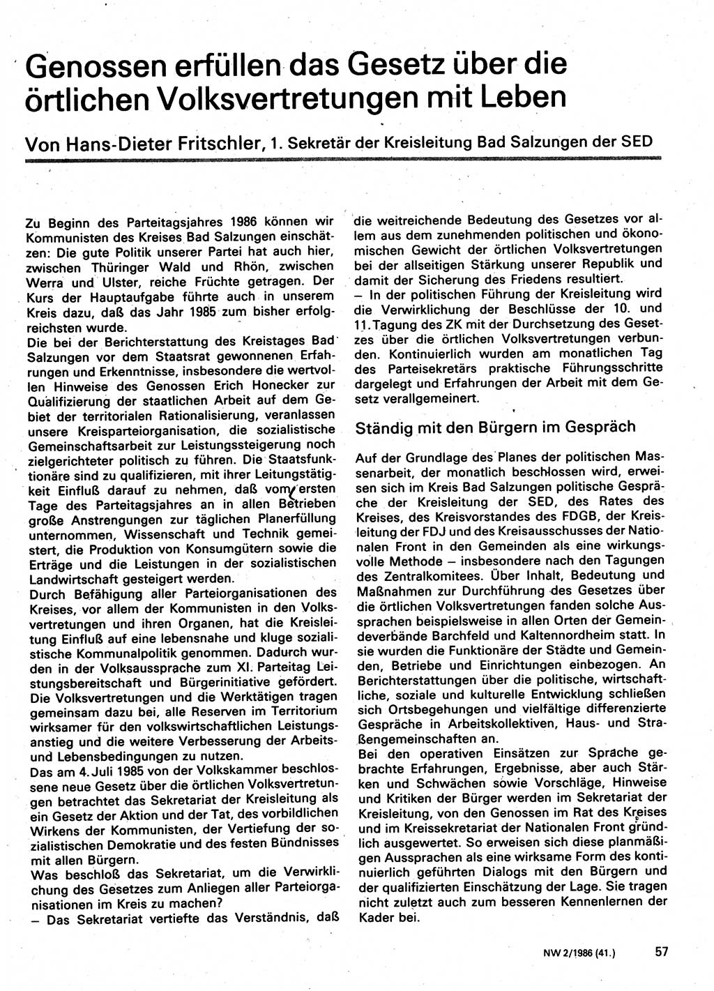 Neuer Weg (NW), Organ des Zentralkomitees (ZK) der SED (Sozialistische Einheitspartei Deutschlands) für Fragen des Parteilebens, 41. Jahrgang [Deutsche Demokratische Republik (DDR)] 1986, Seite 57 (NW ZK SED DDR 1986, S. 57)