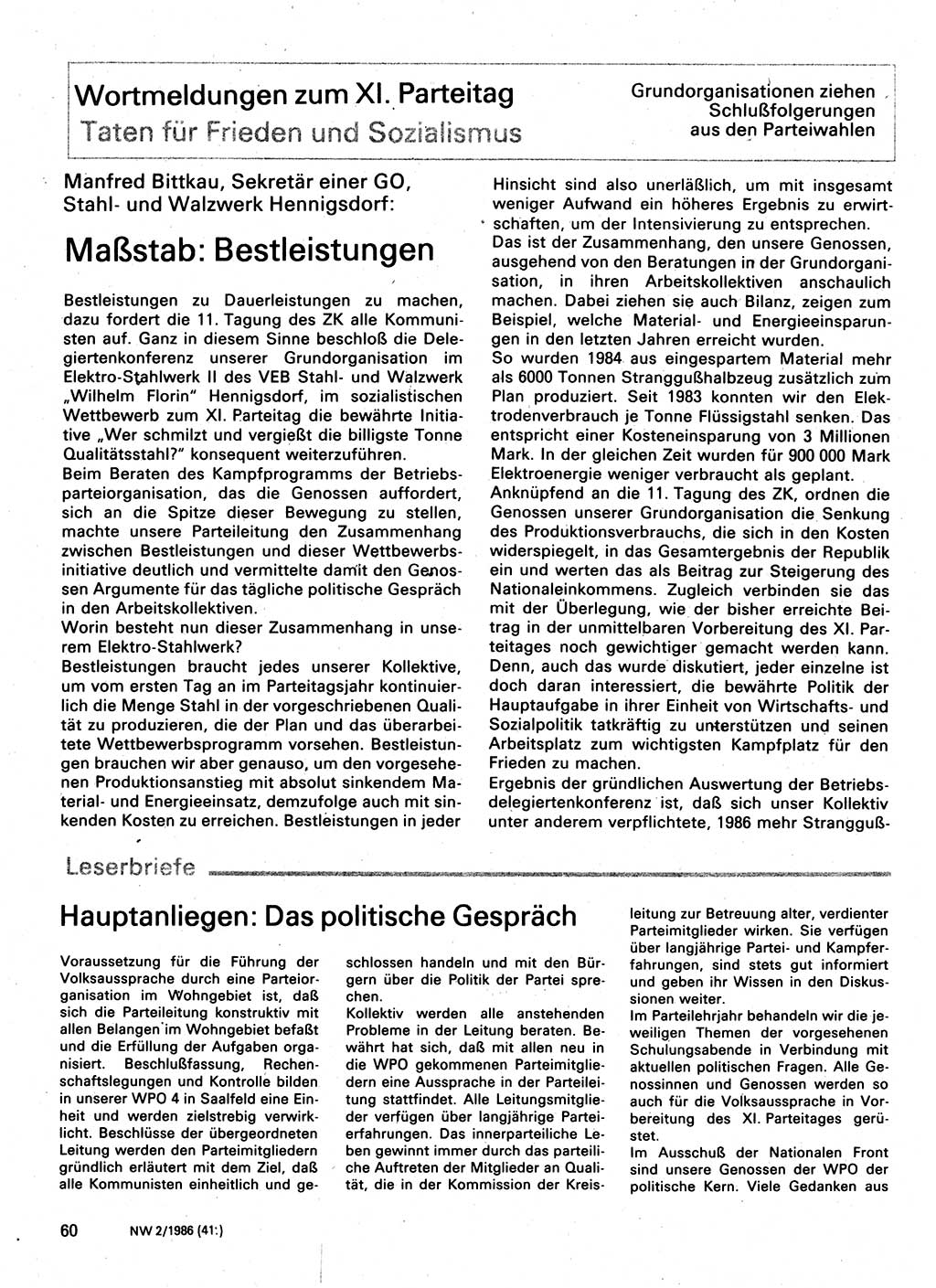 Neuer Weg (NW), Organ des Zentralkomitees (ZK) der SED (Sozialistische Einheitspartei Deutschlands) für Fragen des Parteilebens, 41. Jahrgang [Deutsche Demokratische Republik (DDR)] 1986, Seite 60 (NW ZK SED DDR 1986, S. 60)