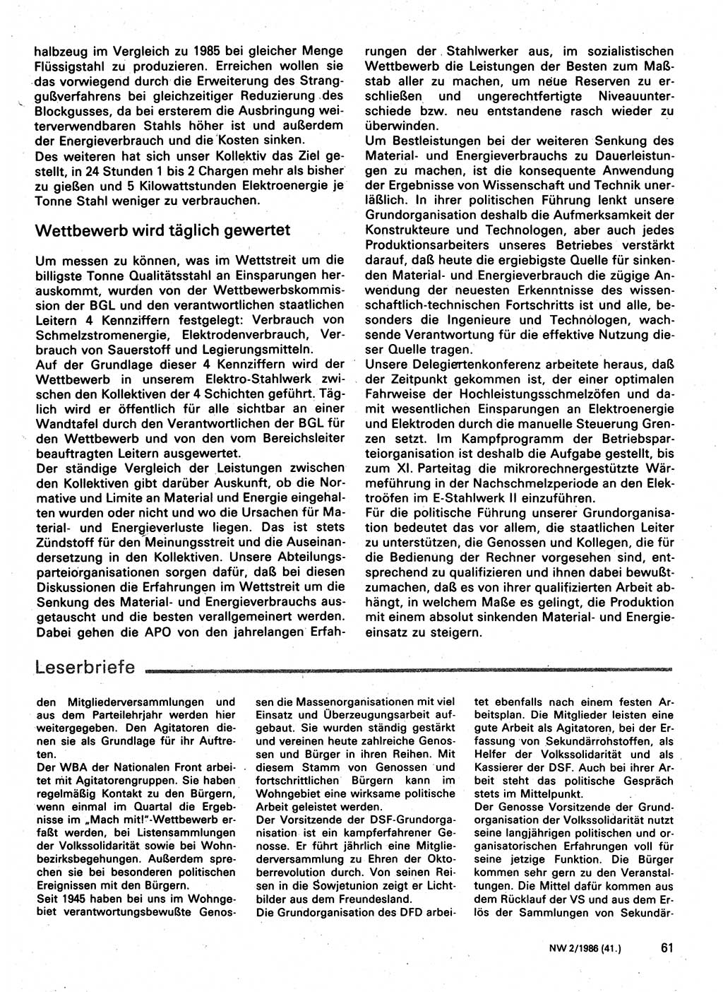 Neuer Weg (NW), Organ des Zentralkomitees (ZK) der SED (Sozialistische Einheitspartei Deutschlands) für Fragen des Parteilebens, 41. Jahrgang [Deutsche Demokratische Republik (DDR)] 1986, Seite 61 (NW ZK SED DDR 1986, S. 61)