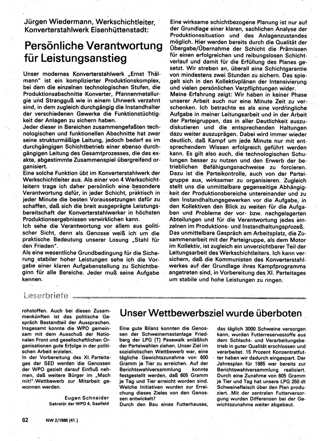 Neuer Weg (NW), Organ des Zentralkomitees (ZK) der SED (Sozialistische Einheitspartei Deutschlands) für Fragen des Parteilebens, 41. Jahrgang [Deutsche Demokratische Republik (DDR)] 1986, Seite 62 (NW ZK SED DDR 1986, S. 62)