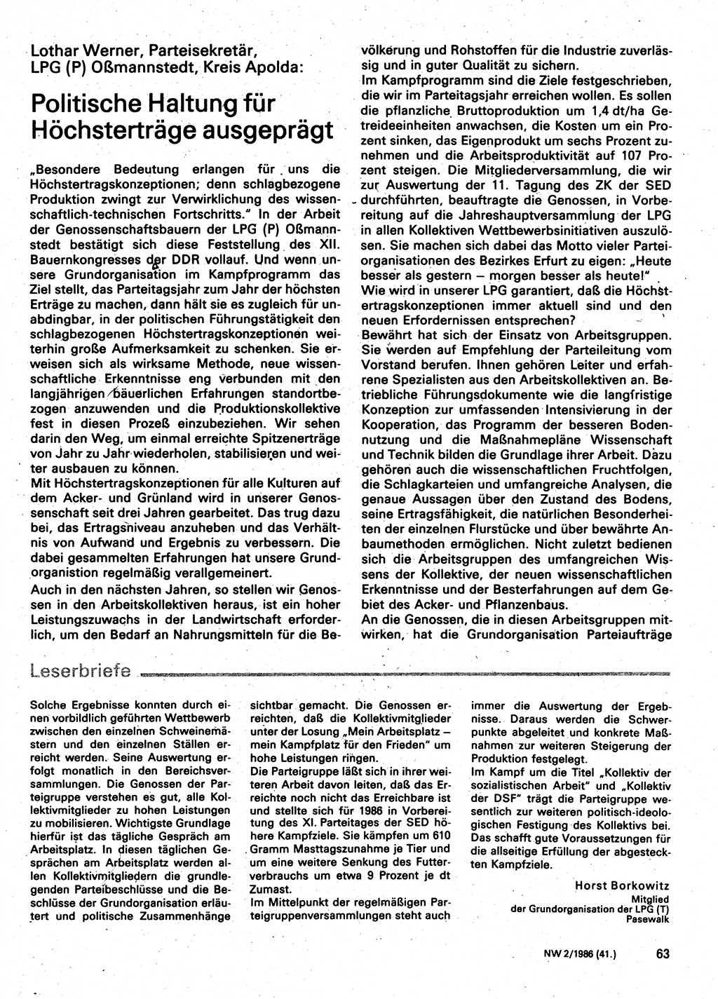 Neuer Weg (NW), Organ des Zentralkomitees (ZK) der SED (Sozialistische Einheitspartei Deutschlands) für Fragen des Parteilebens, 41. Jahrgang [Deutsche Demokratische Republik (DDR)] 1986, Seite 63 (NW ZK SED DDR 1986, S. 63)